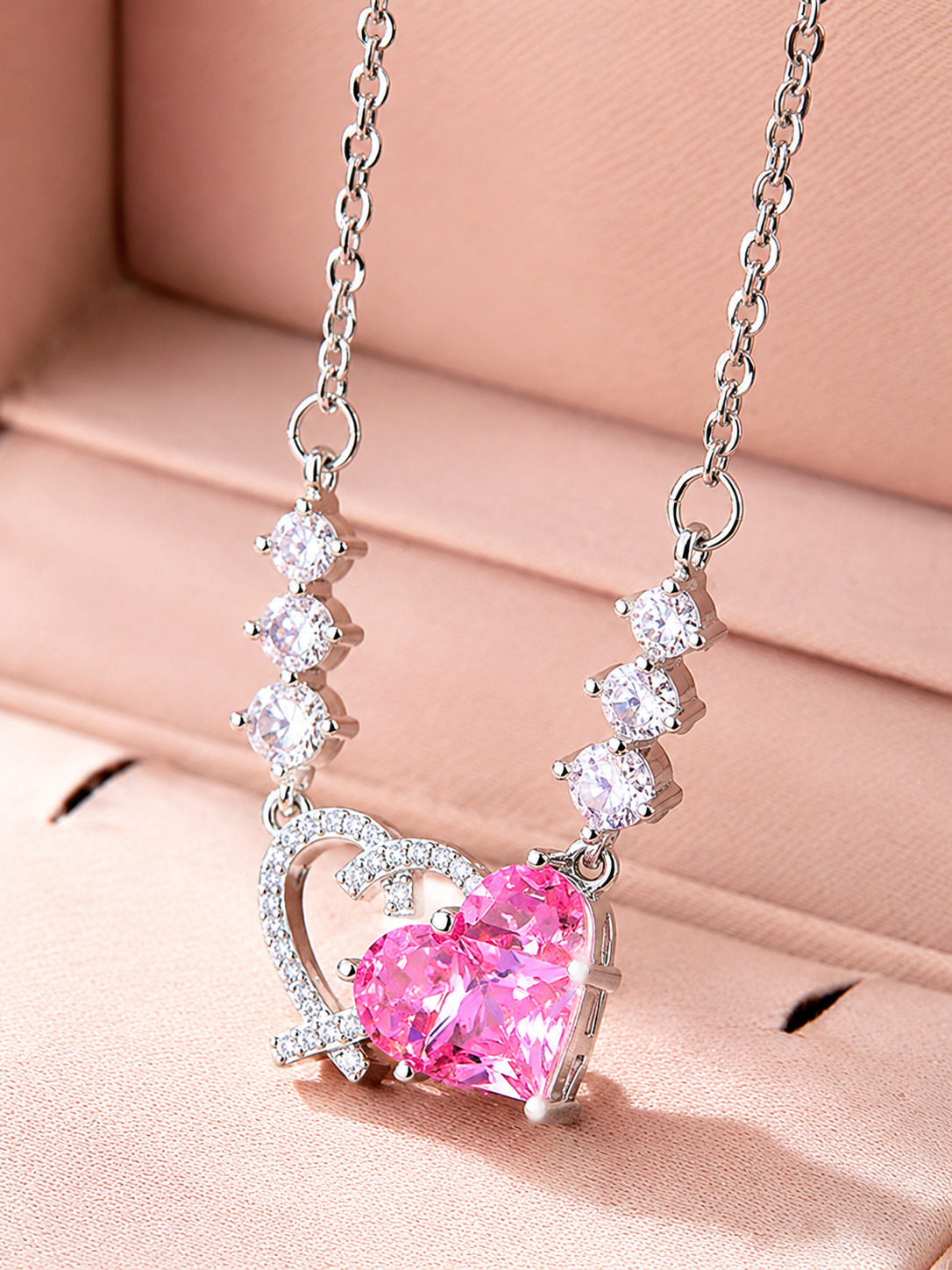 Pink Heart and Zirconia Necklace
