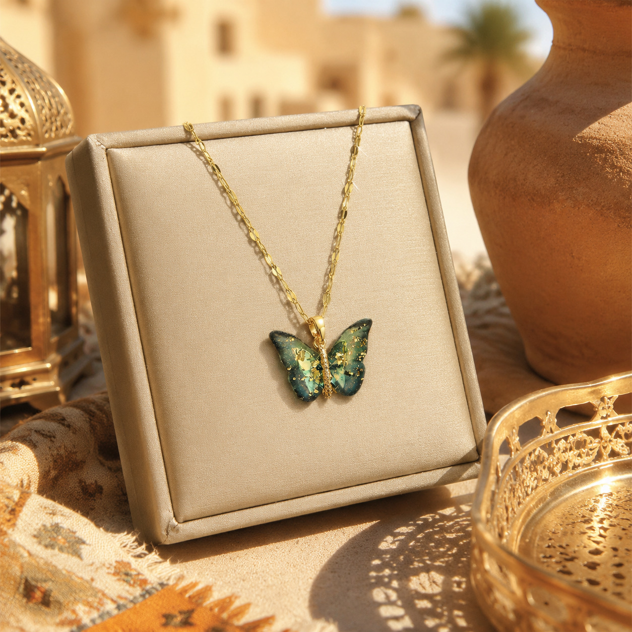 Emerald Butterfly Charm Necklace