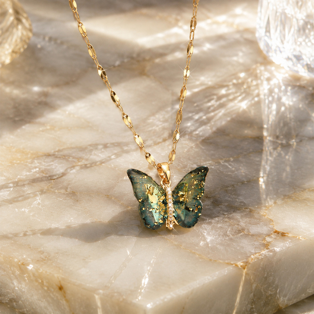 Emerald Butterfly Charm Necklace