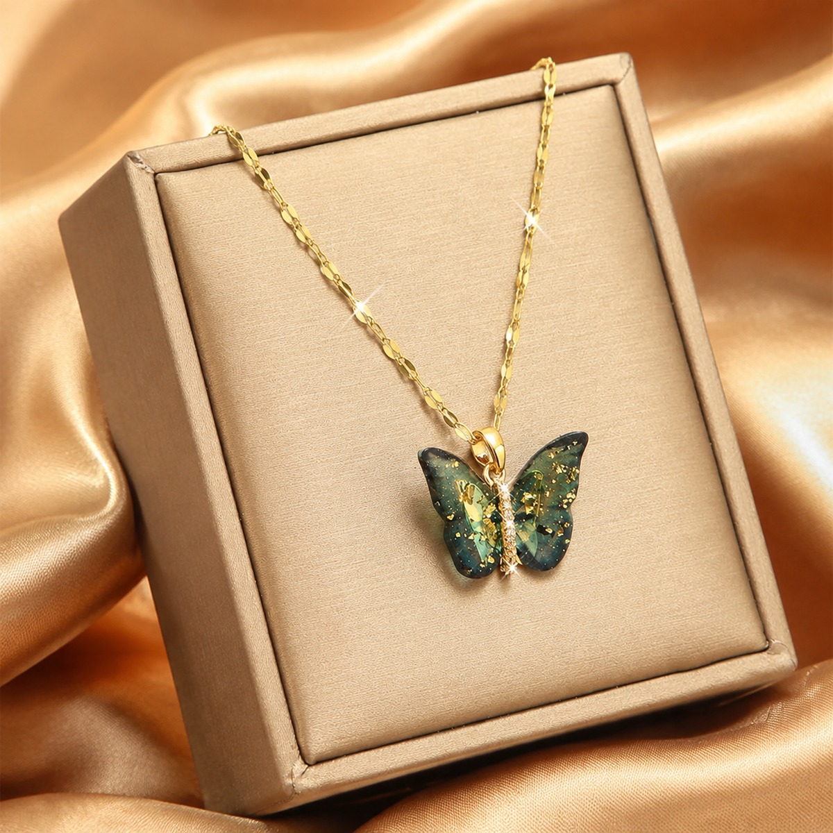 Emerald Butterfly Charm Necklace