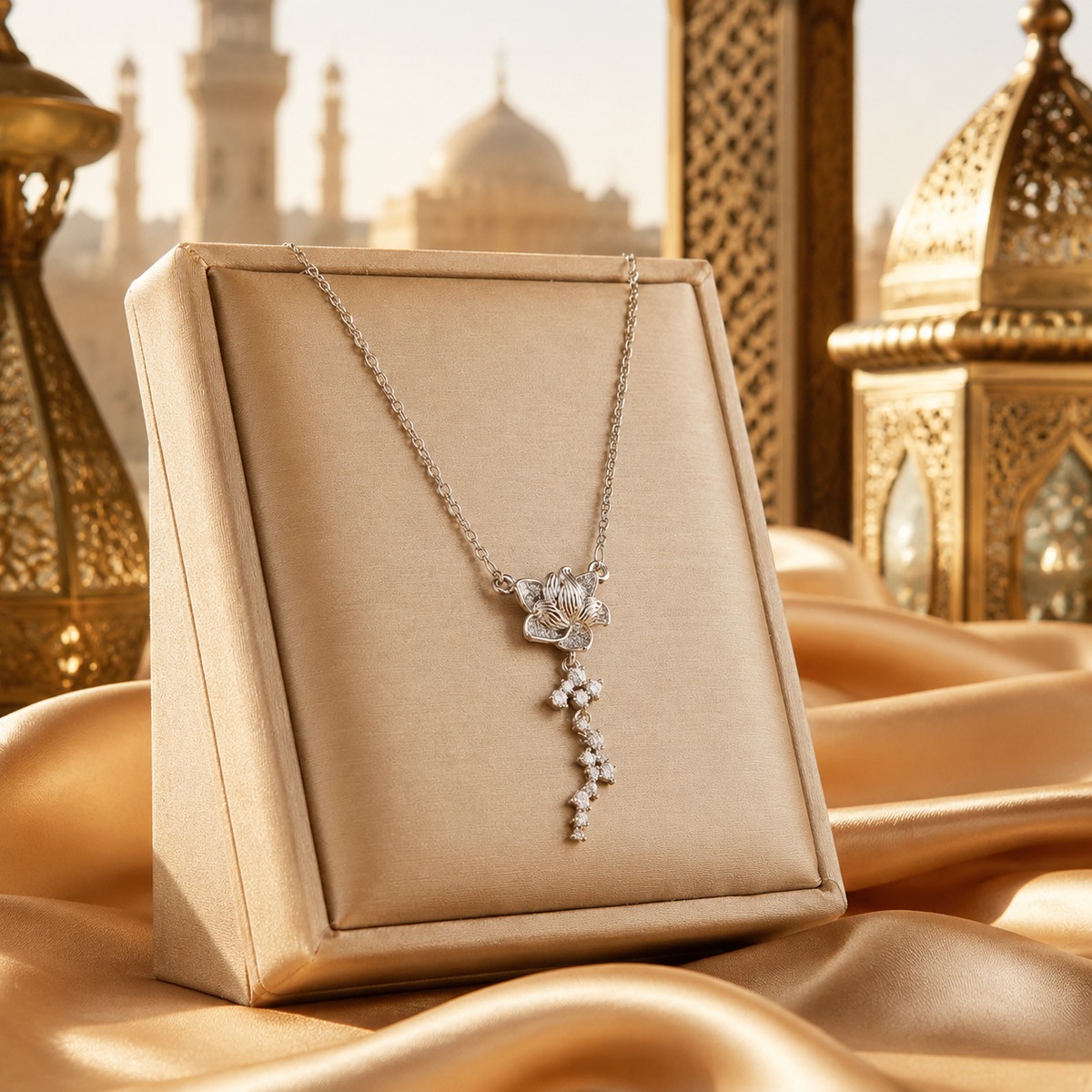 Silver Floral Crystal Drop Necklace