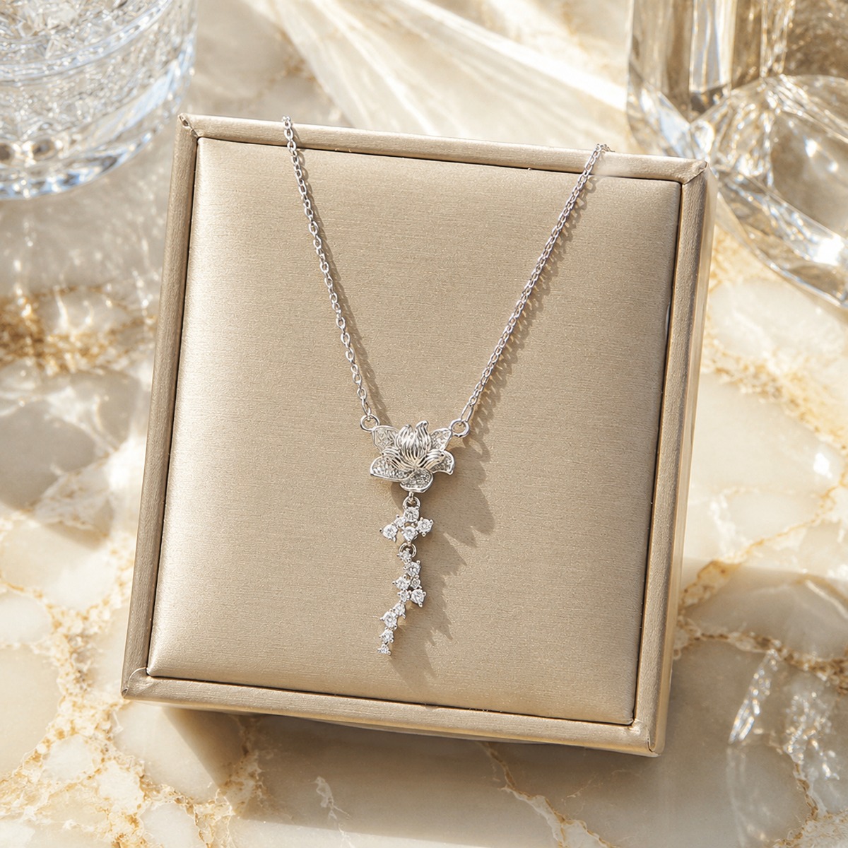 Silver Floral Crystal Drop Necklace