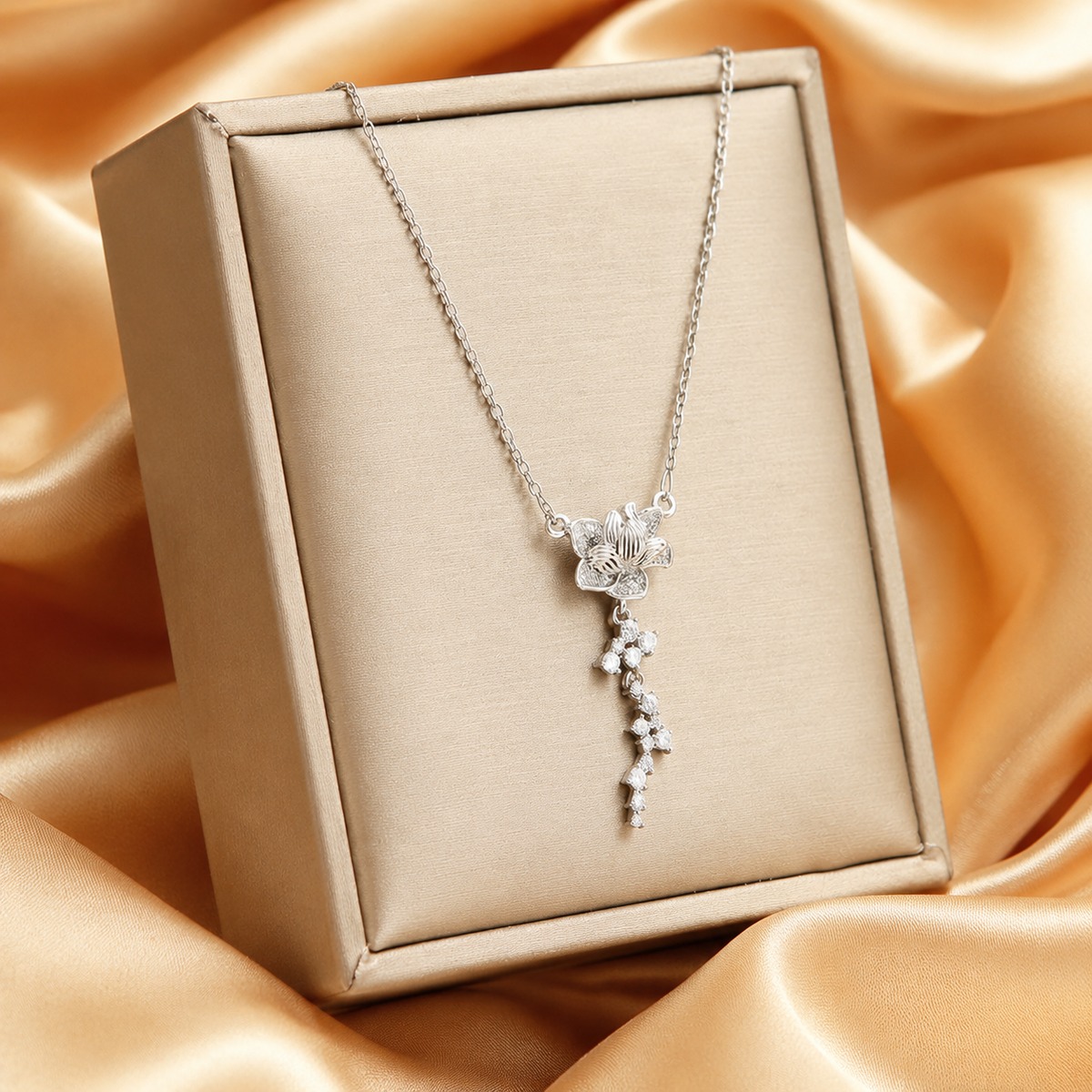 Silver Floral Crystal Drop Necklace