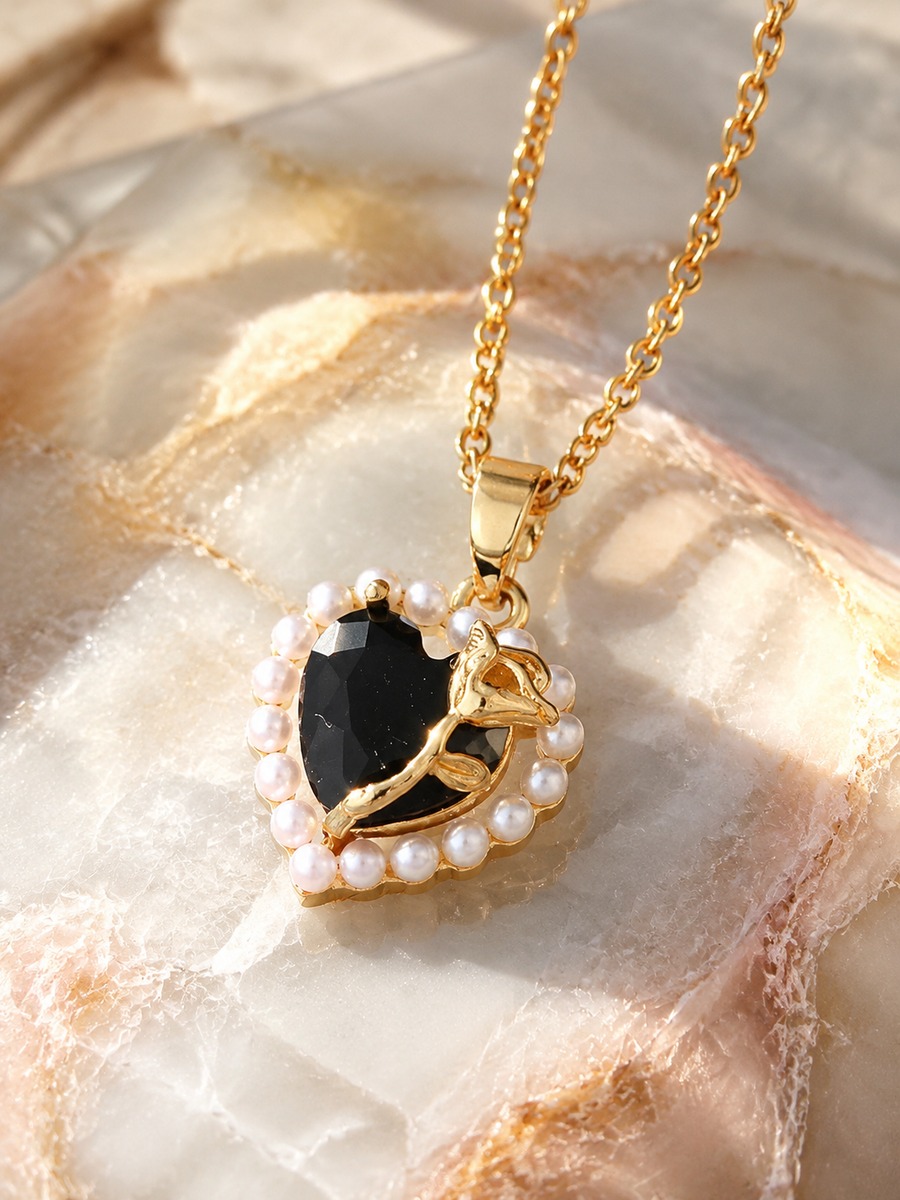Black Stone Heart Pendant Necklace with Pearl Accents
