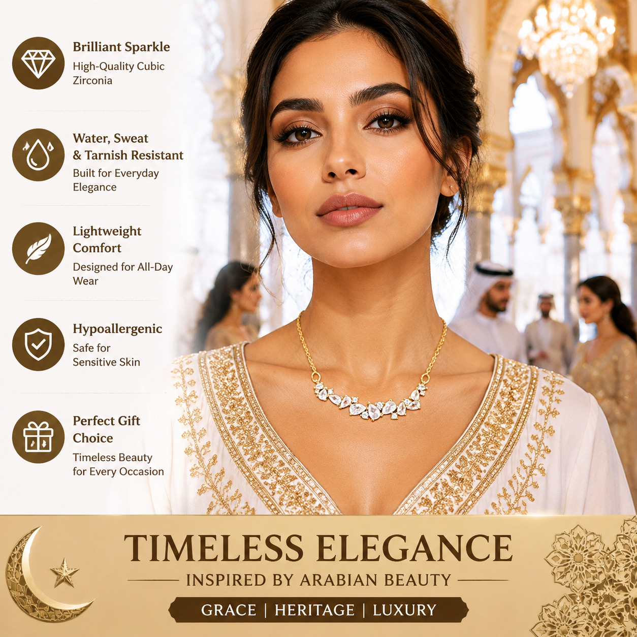 Gold Plated Zirconia Crescent Necklace