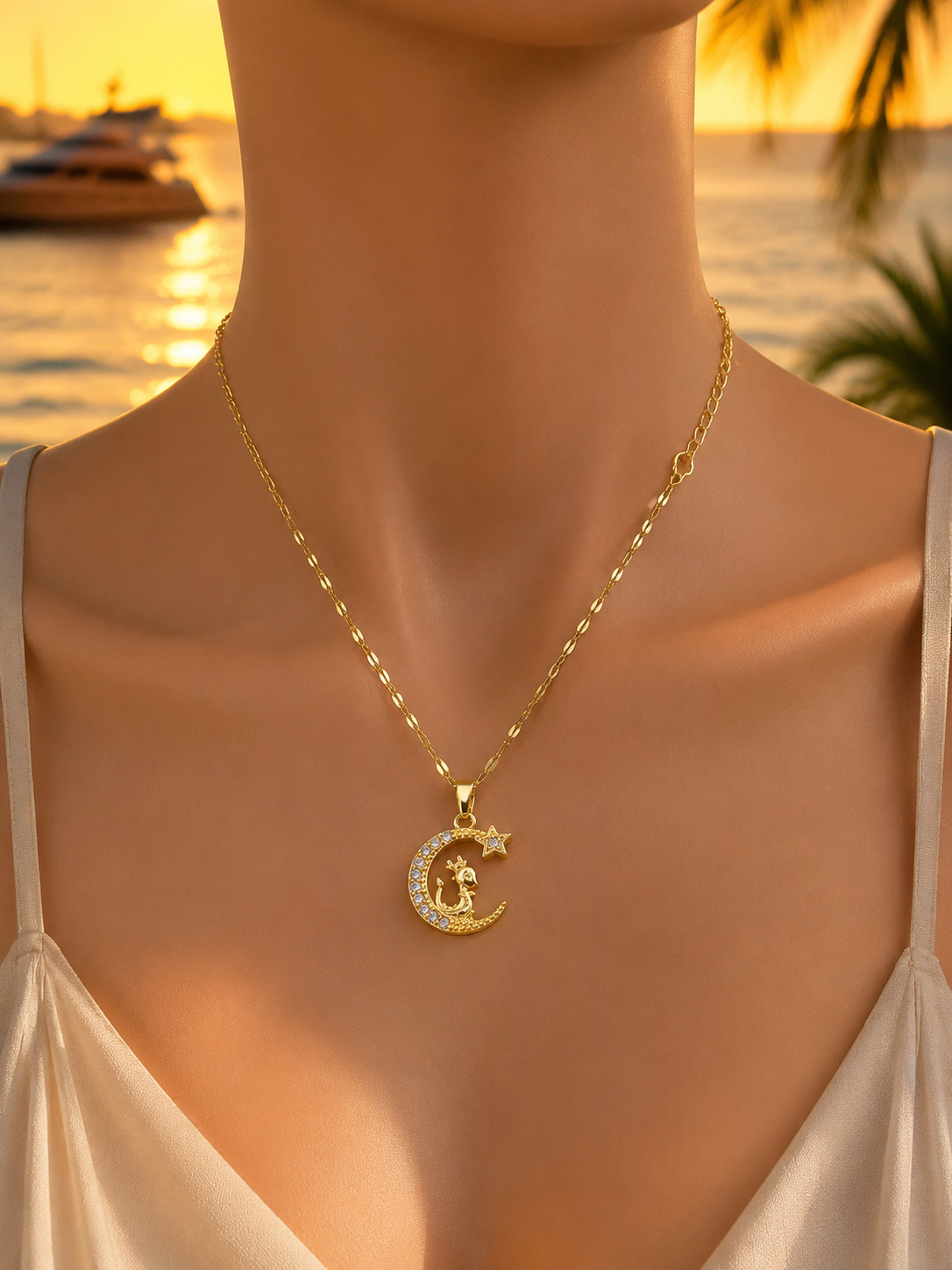 Golden Crescent and Star Necklace with Feline Charm