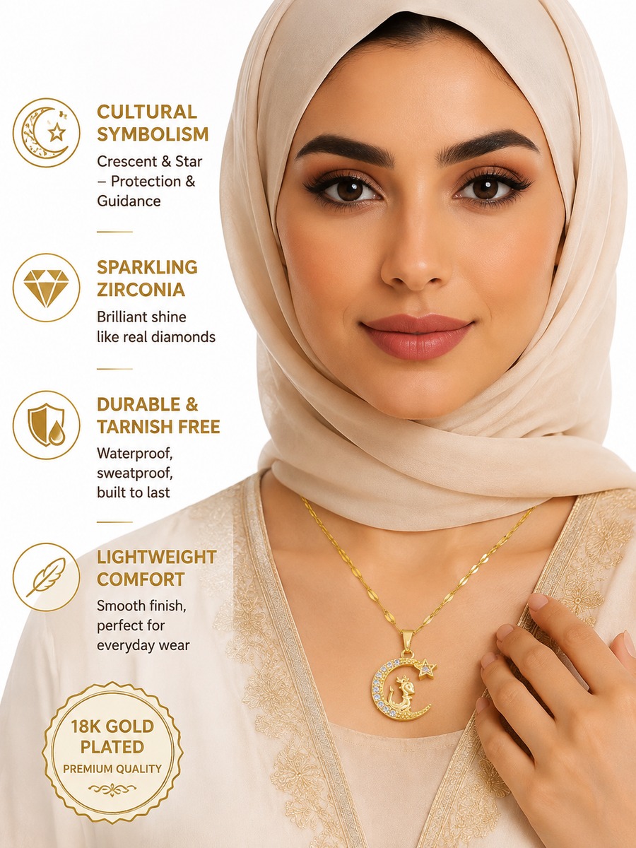 Golden Crescent and Star Necklace with Feline Charm