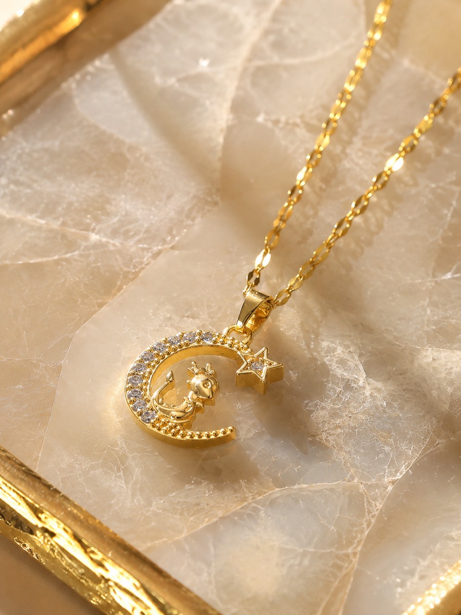 Golden Crescent and Star Necklace with Feline Charm