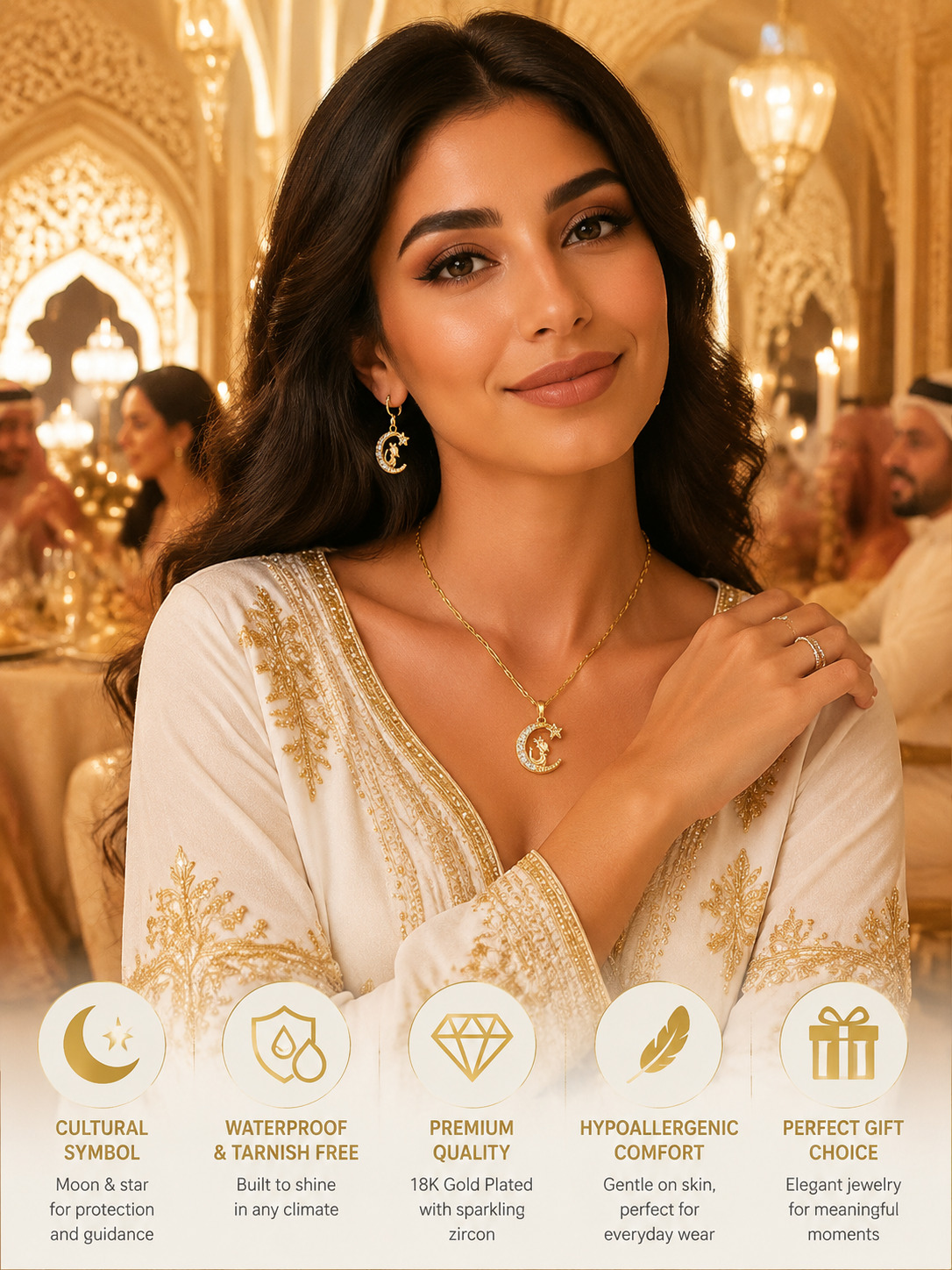 Golden Crescent and Star Necklace with Feline Charm