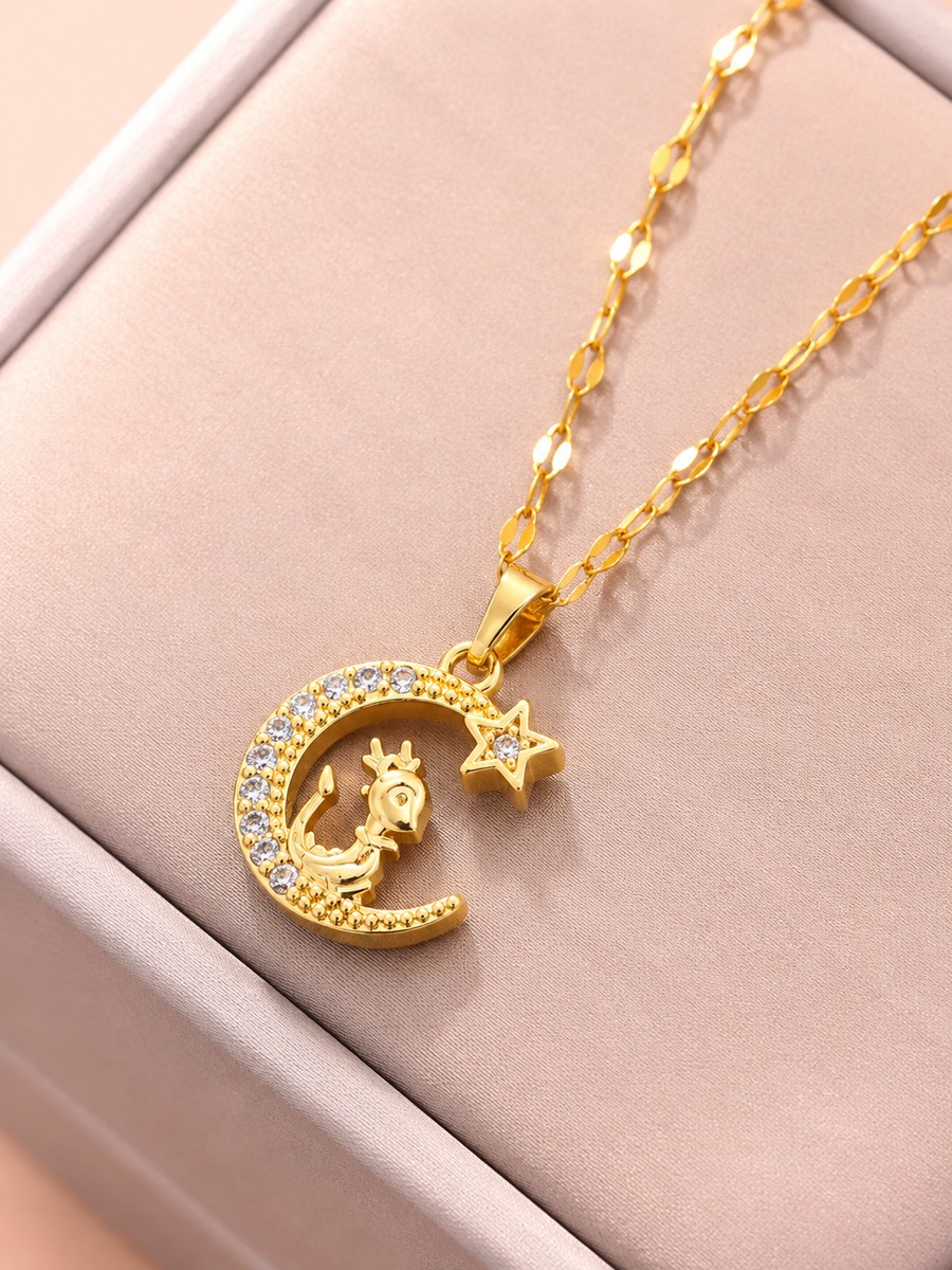 Golden Crescent and Star Necklace with Feline Charm