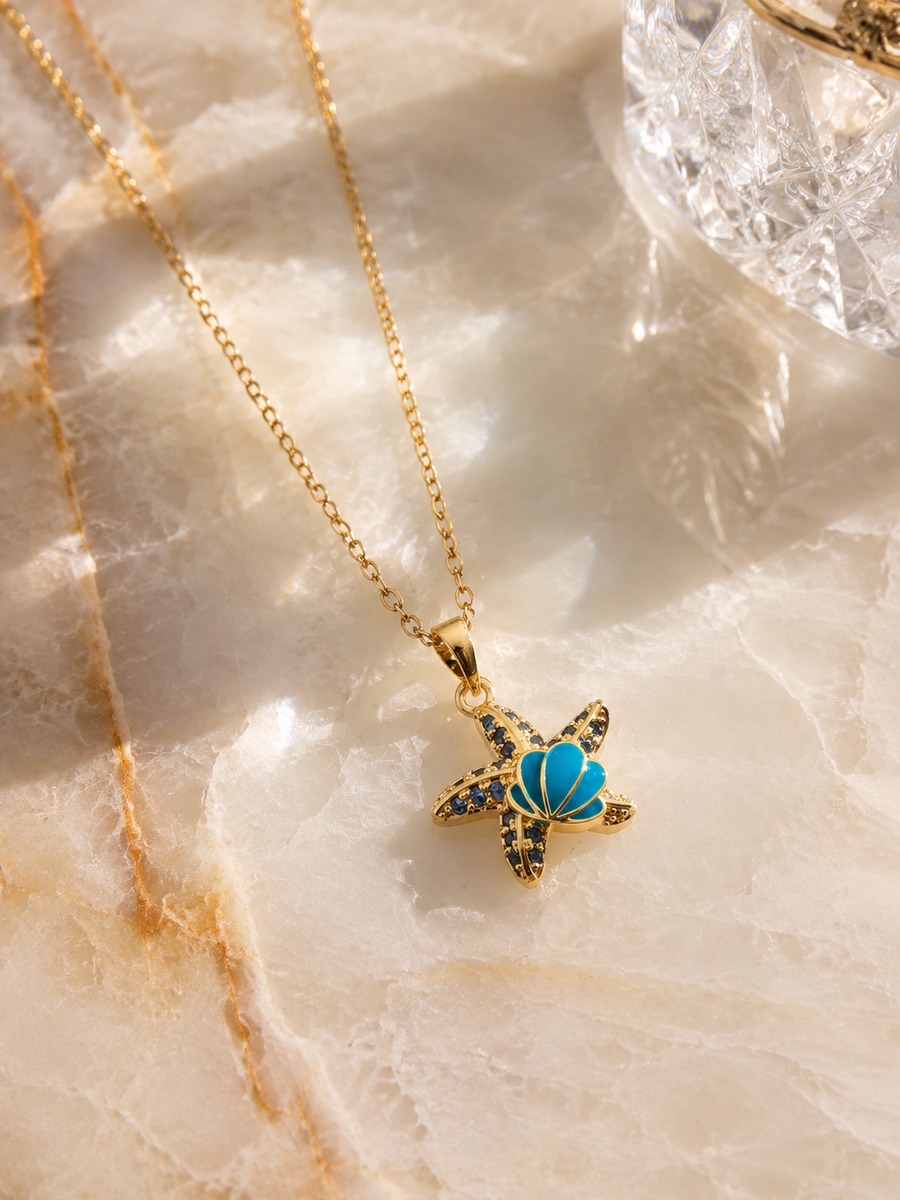 Blue Starfish Pendant Necklace with Blue Zirconia