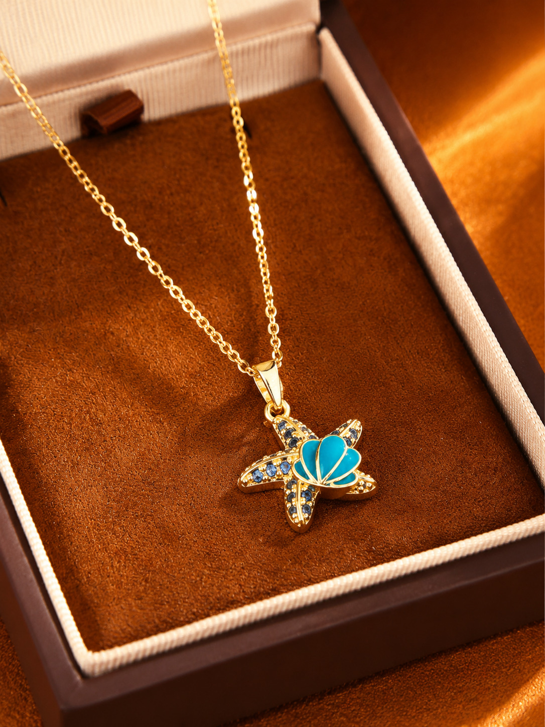 Blue Starfish Pendant Necklace with Blue Zirconia