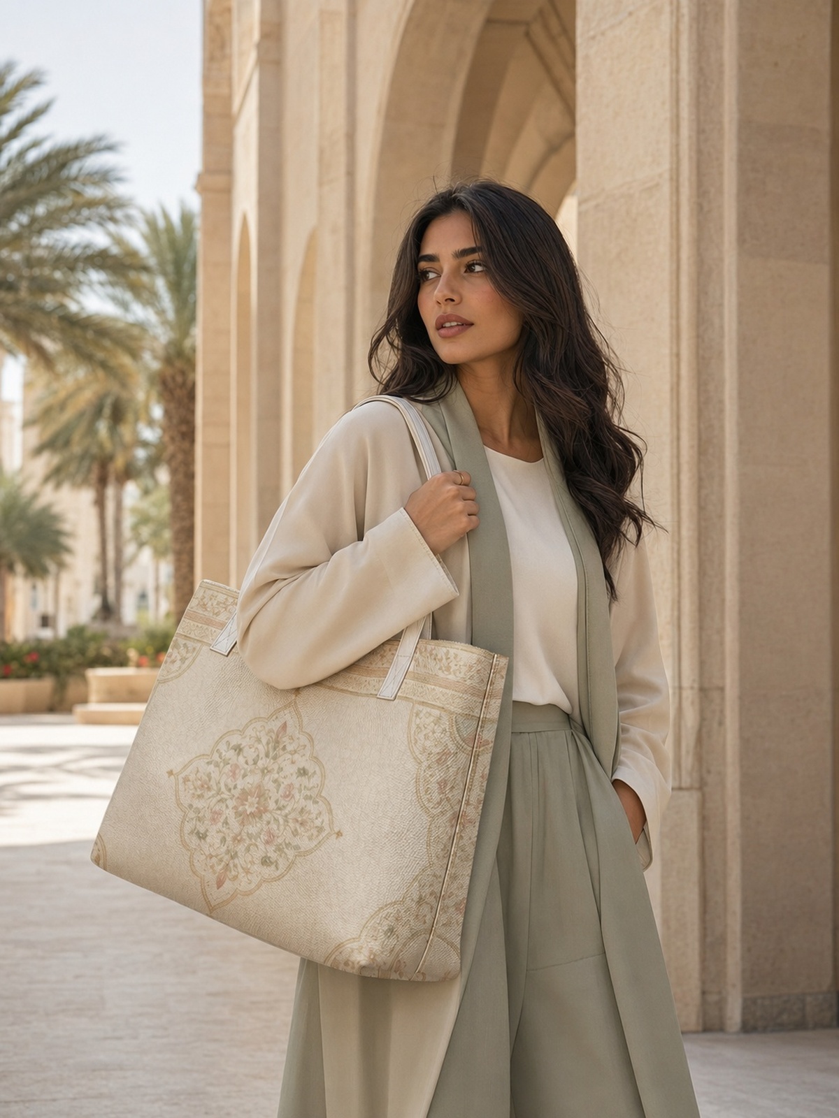 Cream Printed Tote 