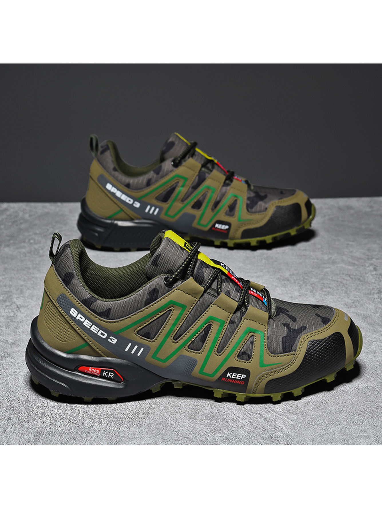 Men Olive Camo Trail Running Sneakers - Speed 3