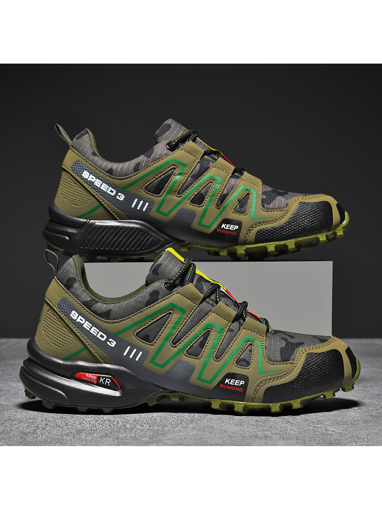 Men Olive Camo Trail Running Sneakers - Speed 3
