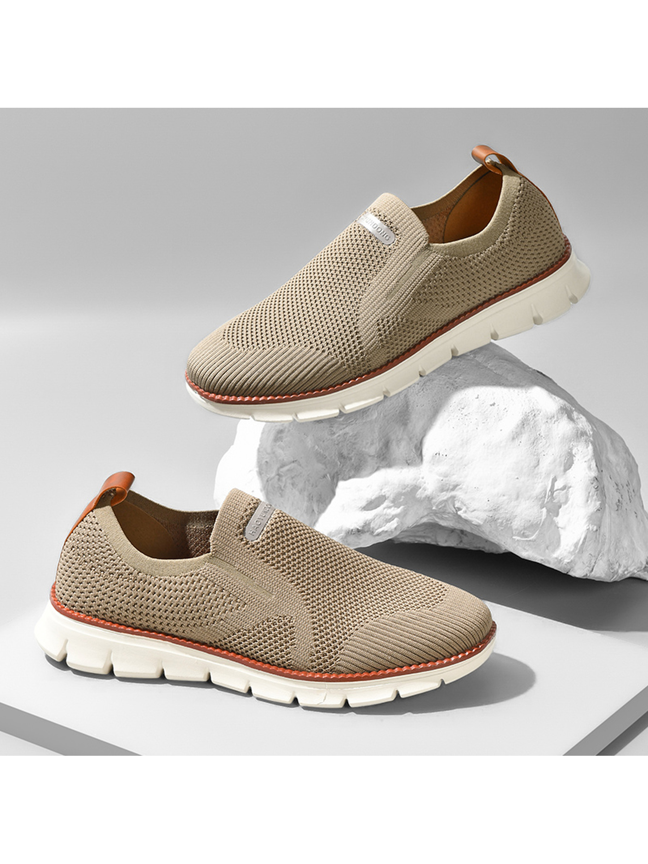 Men Khaki Knit Slip-On Sports Sneakers