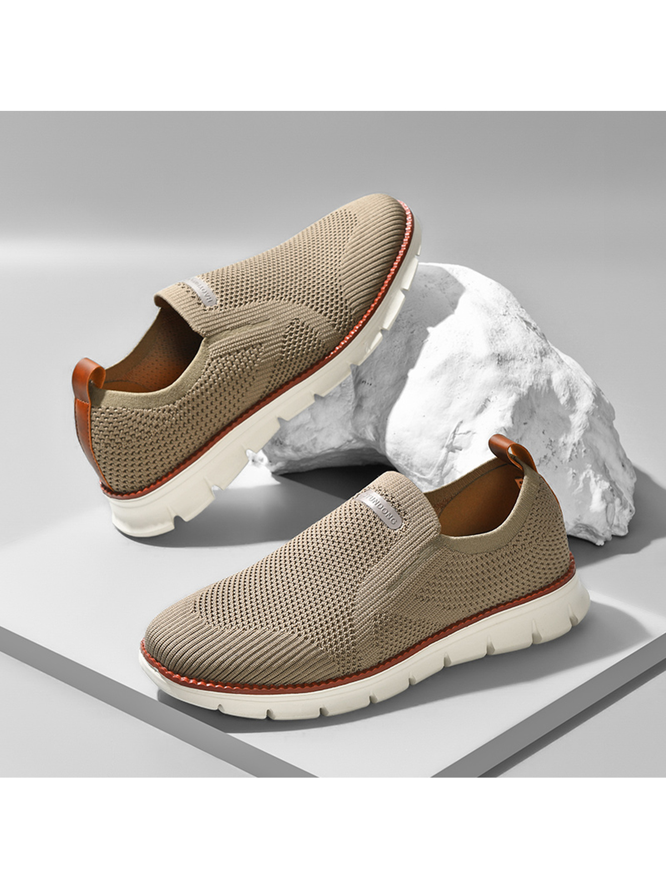 Men Khaki Knit Slip-On Sports Sneakers