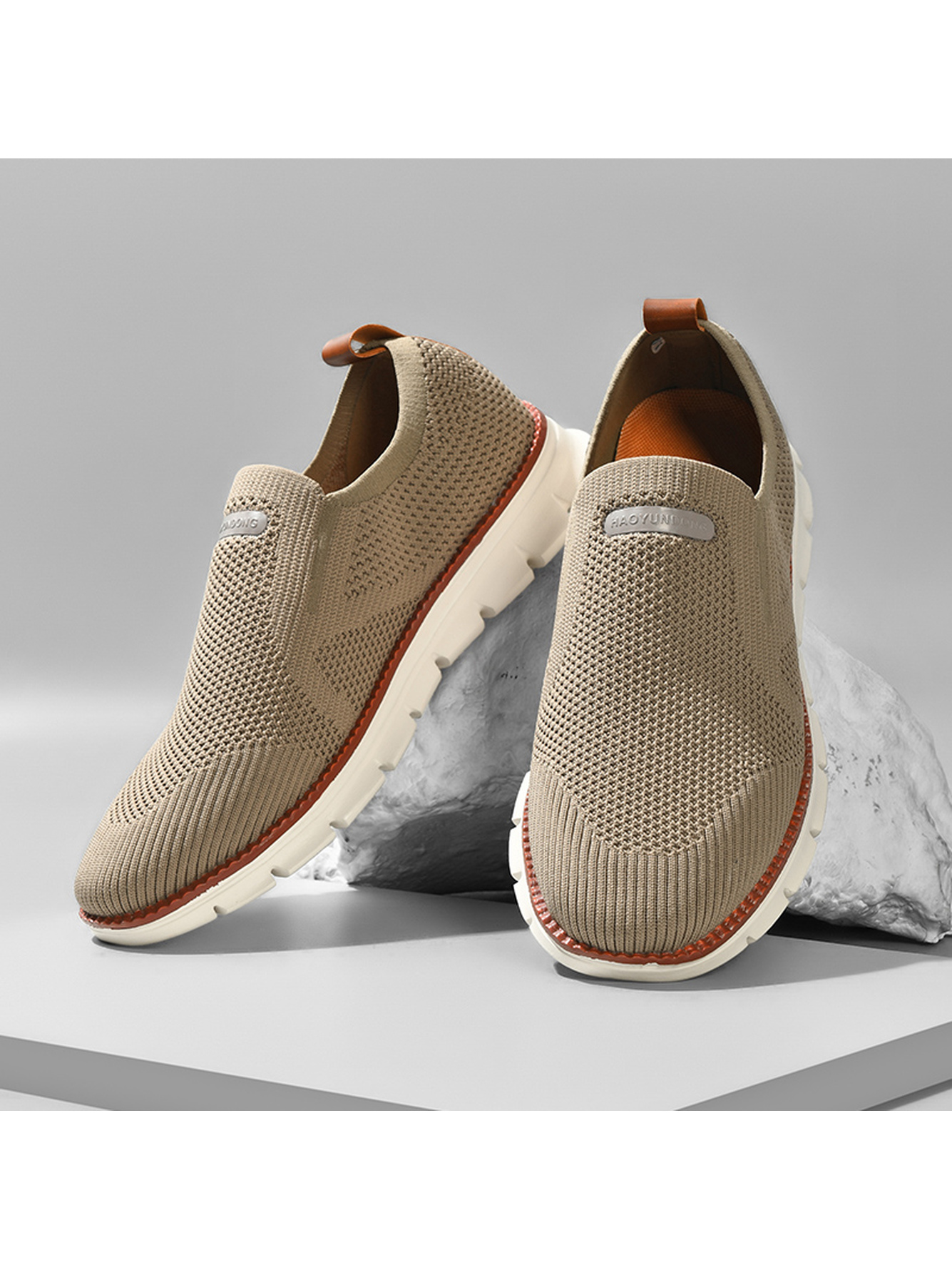 Men Khaki Knit Slip-On Sports Sneakers