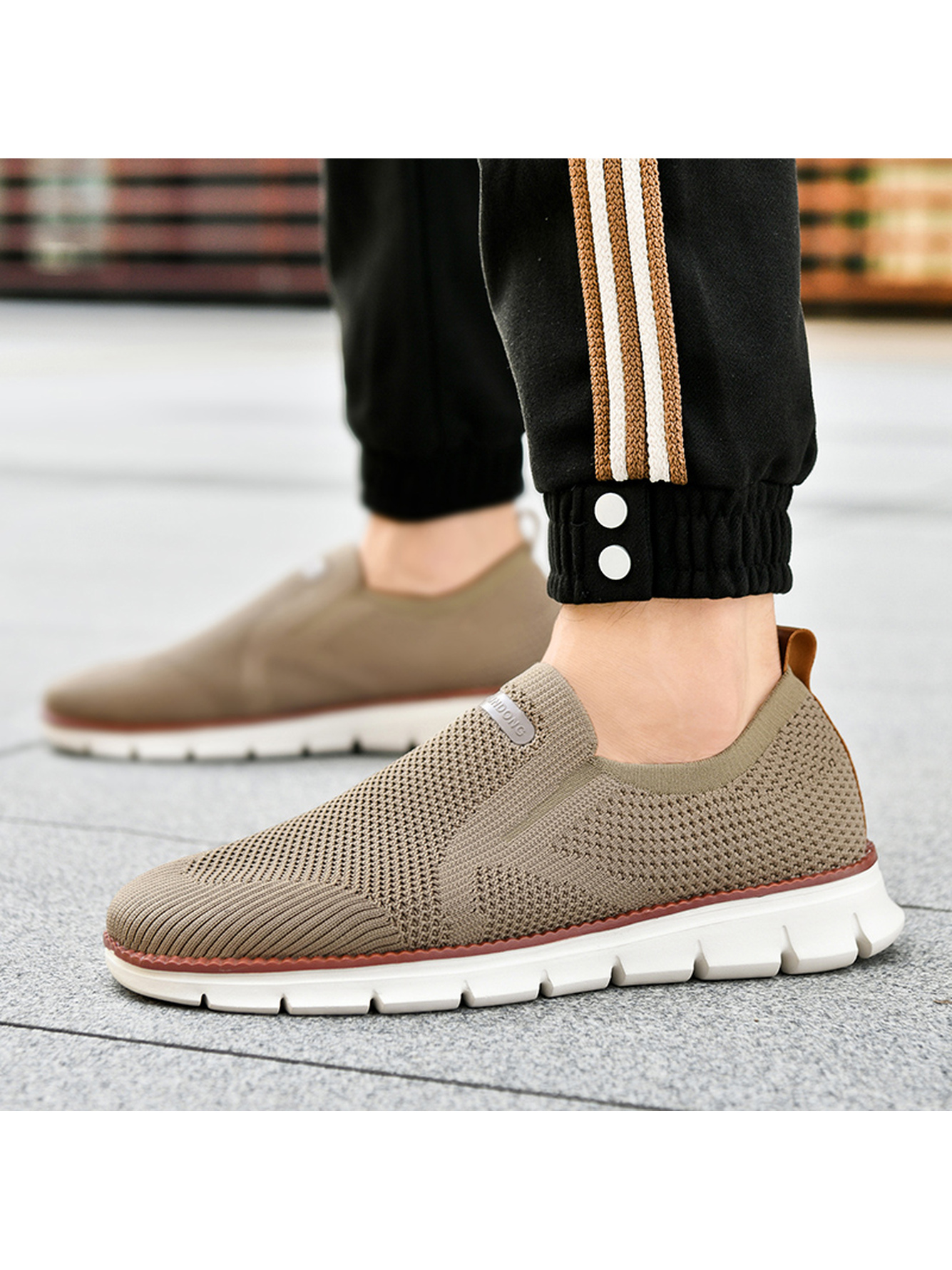 Men Khaki Knit Slip-On Sports Sneakers