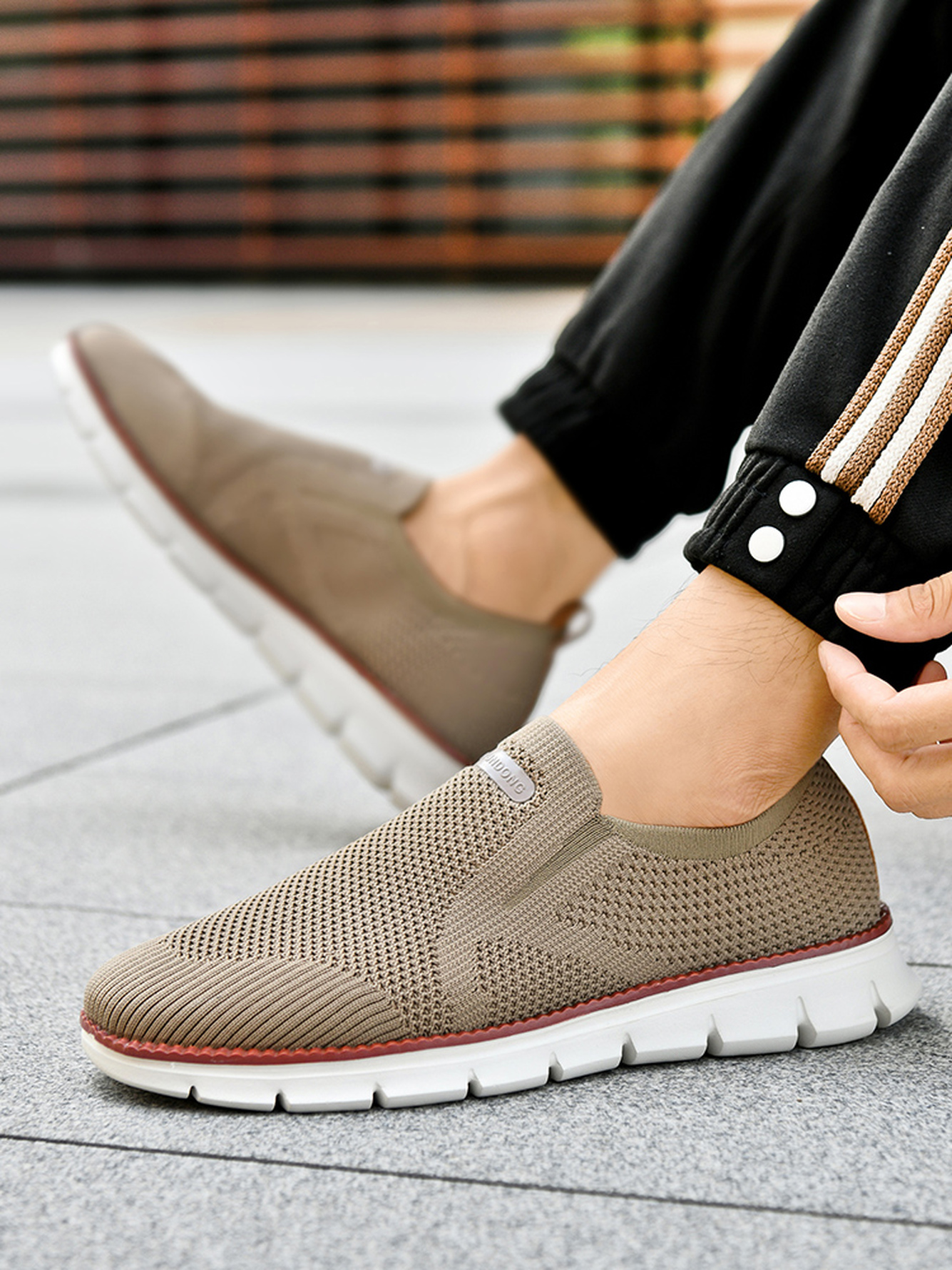 Men Khaki Knit Slip-On Sports Sneakers