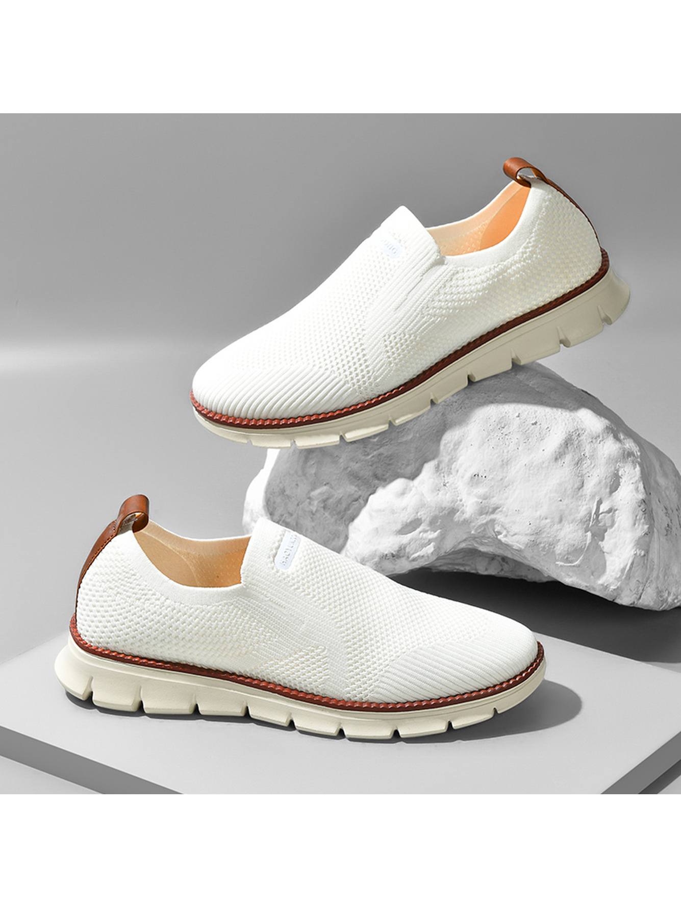Men White Slip-On Knit Sneakers