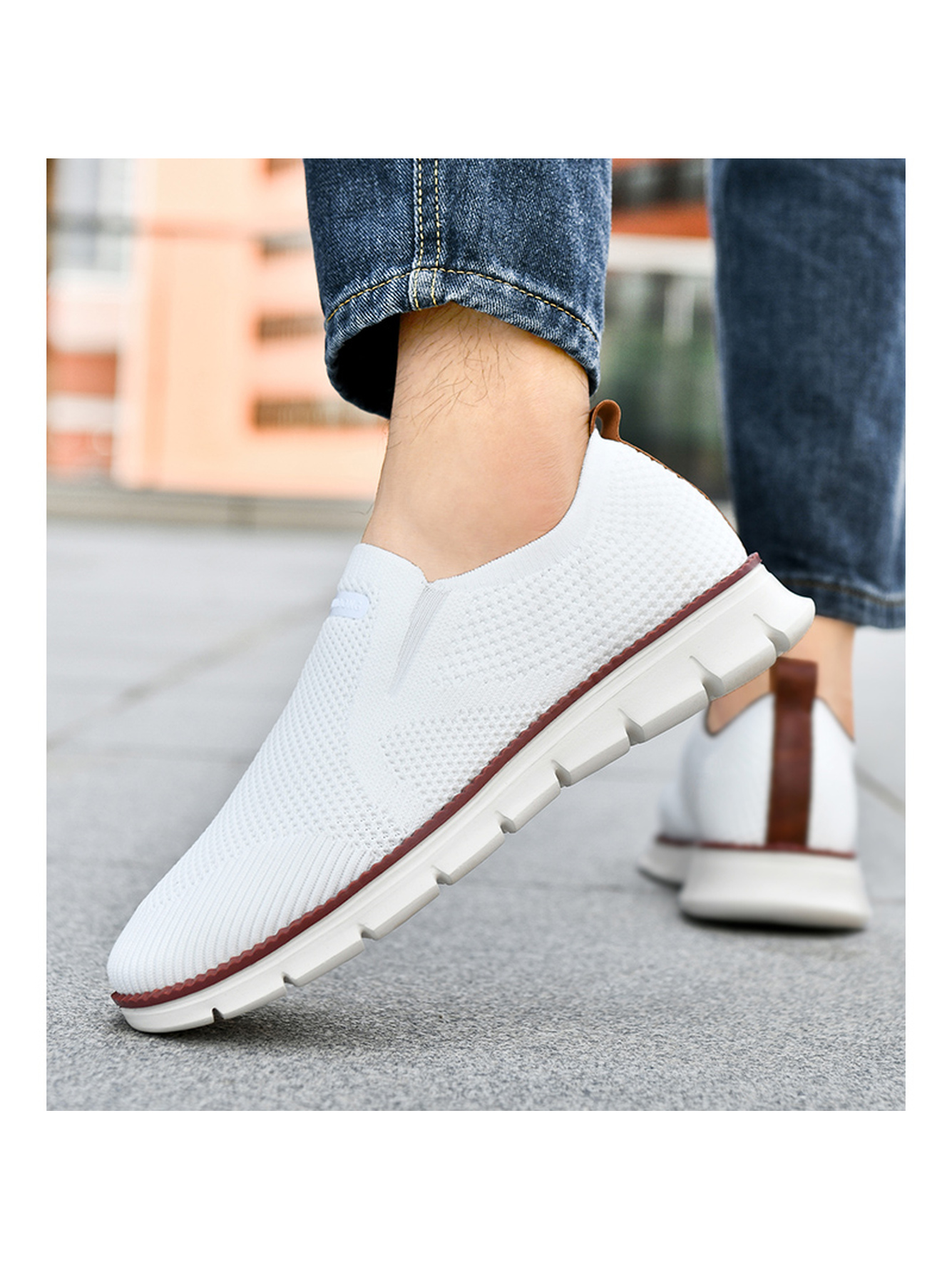 Men White Slip-On Knit Sneakers