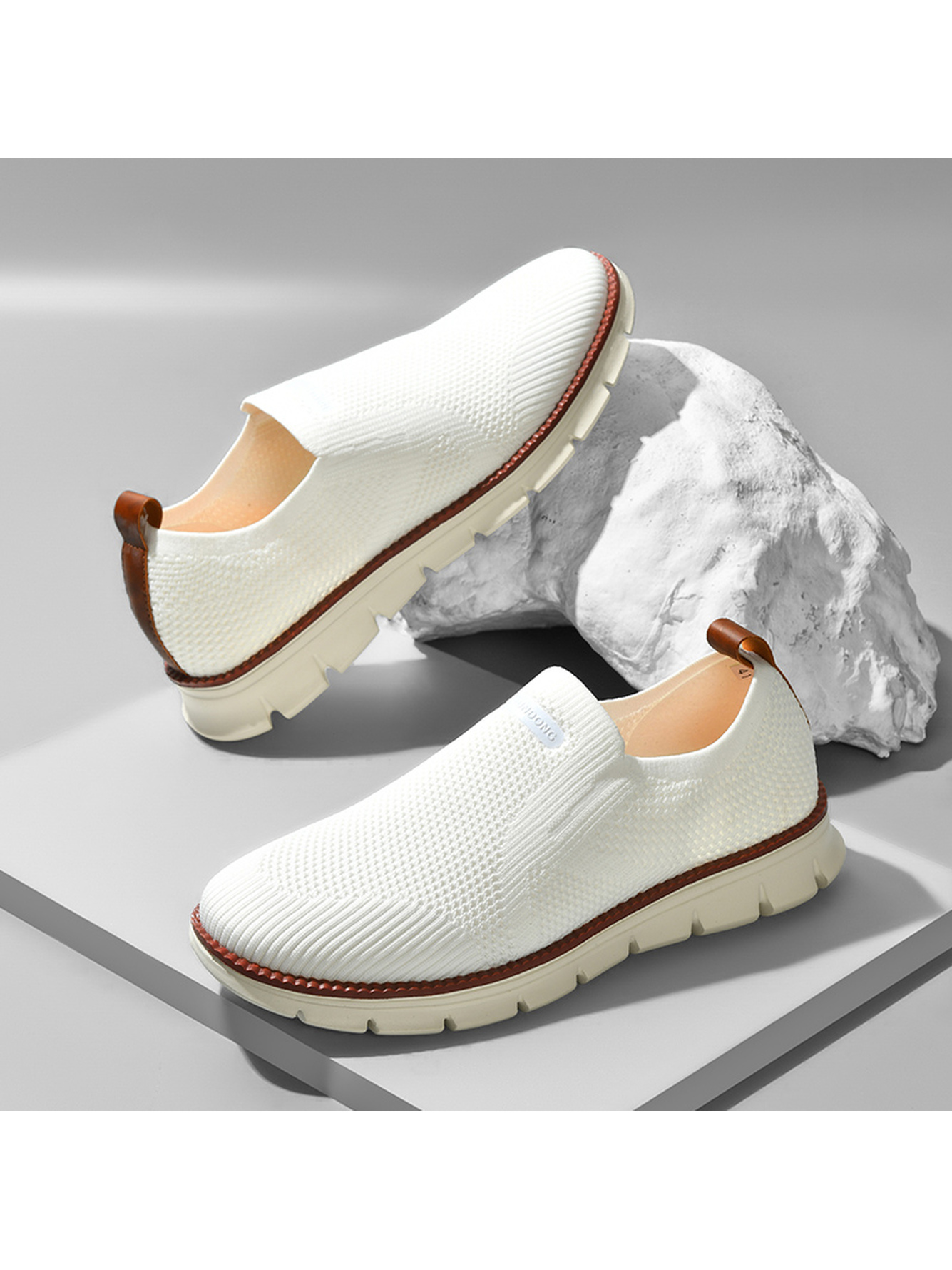 Men White Slip-On Knit Sneakers