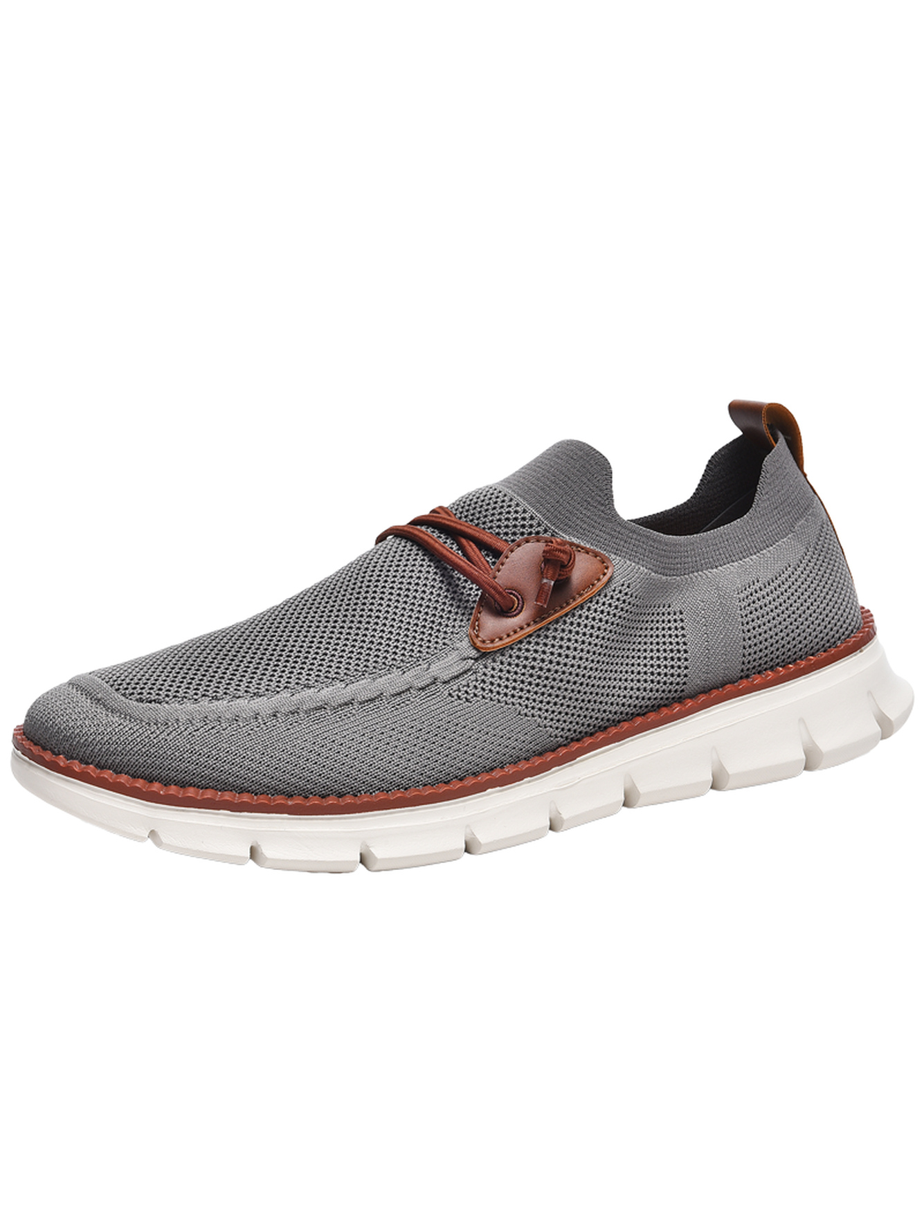 Men Grey Knit Slip-On Sneakers with Leather Accents