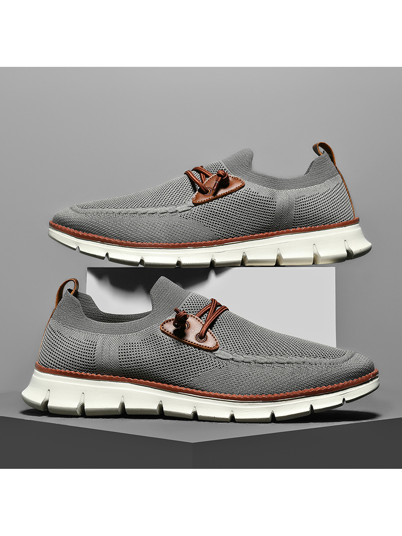 Men Grey Knit Slip-On Sneakers with Leather Accents