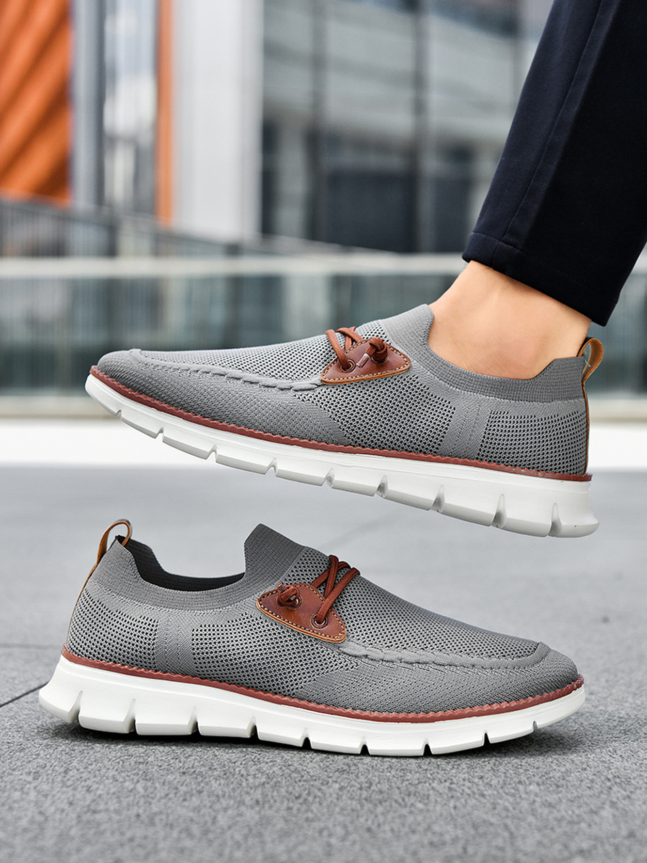 Men Grey Knit Slip-On Sneakers with Leather Accents