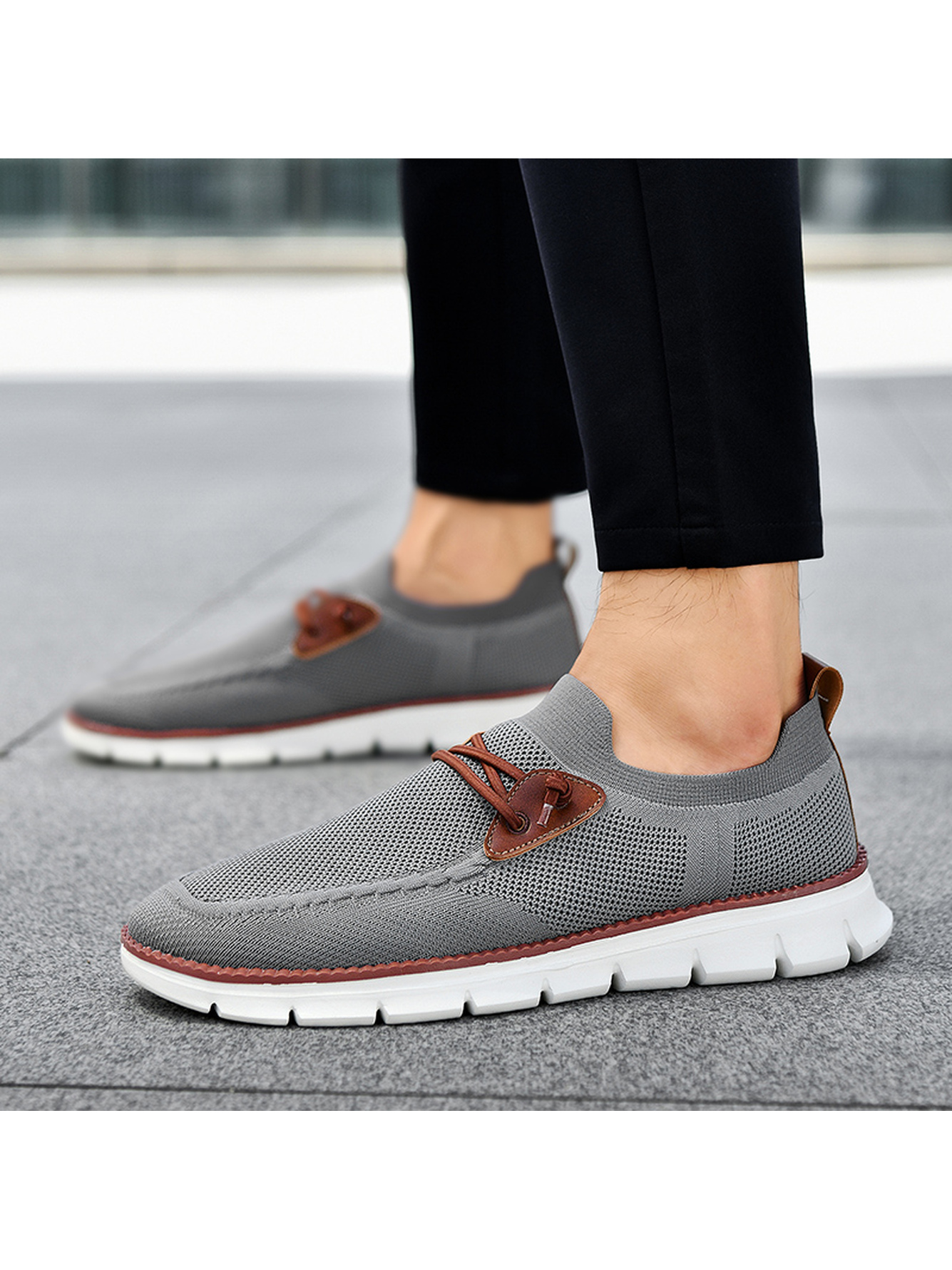 Men Grey Knit Slip-On Sneakers with Leather Accents