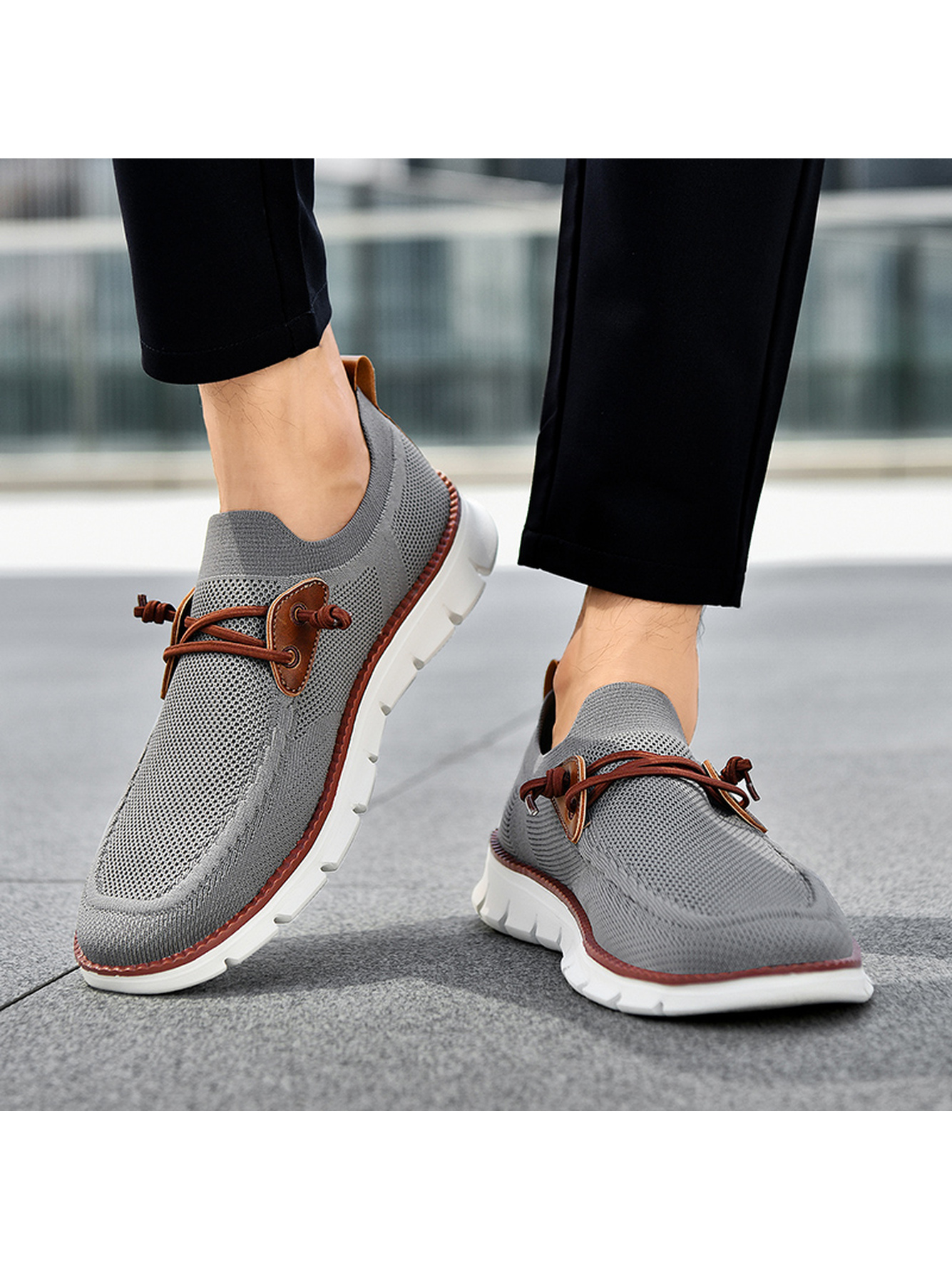Men Grey Knit Slip-On Sneakers with Leather Accents
