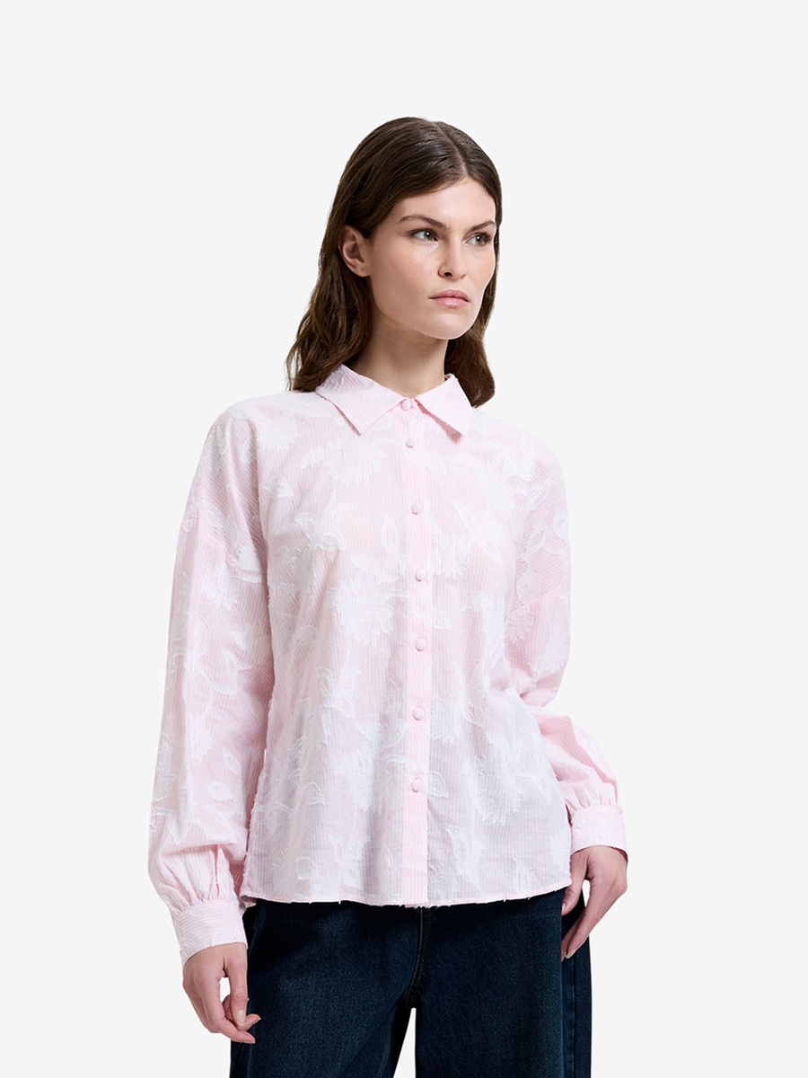 Pink Floral Jacquard Striped Long Sleeve Shirt