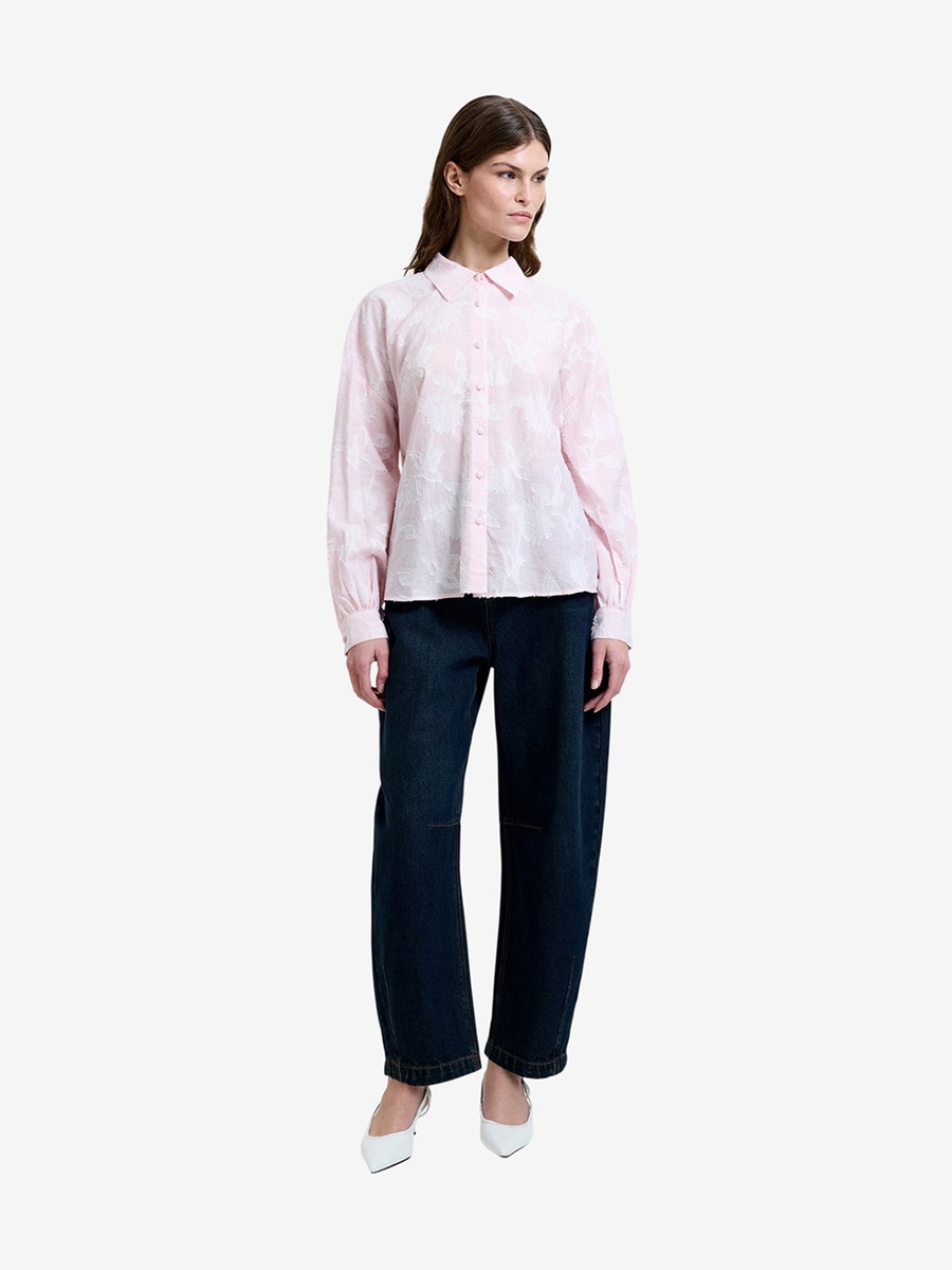 Pink Floral Jacquard Striped Long Sleeve Shirt