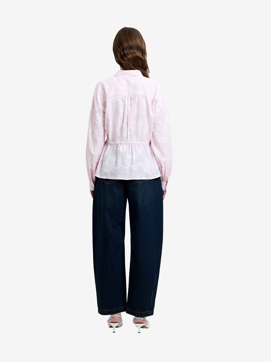 Pink Floral Jacquard Striped Long Sleeve Shirt