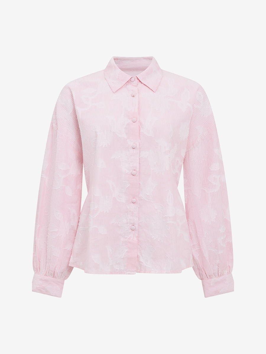 Pink Floral Jacquard Striped Long Sleeve Shirt