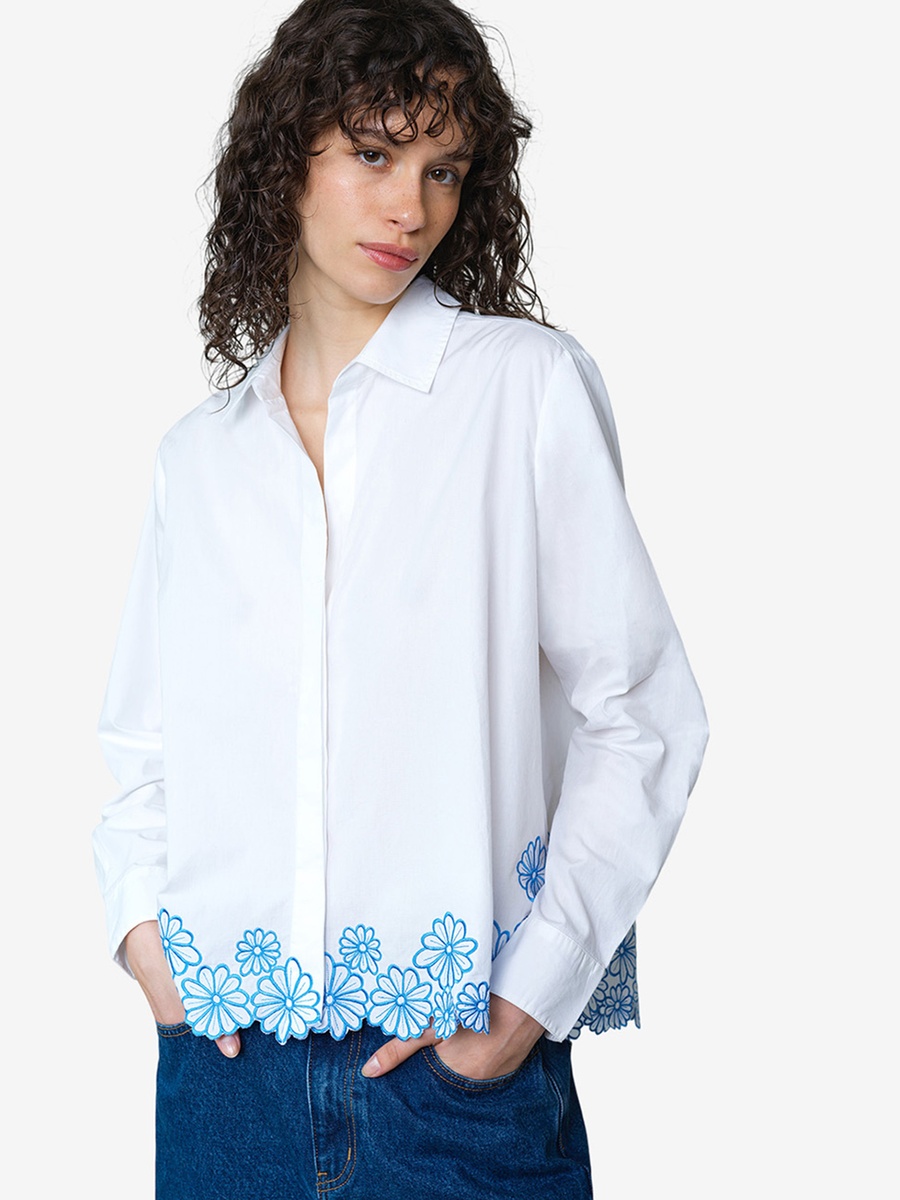 White Cambria Cotton Floral Hem Shirt