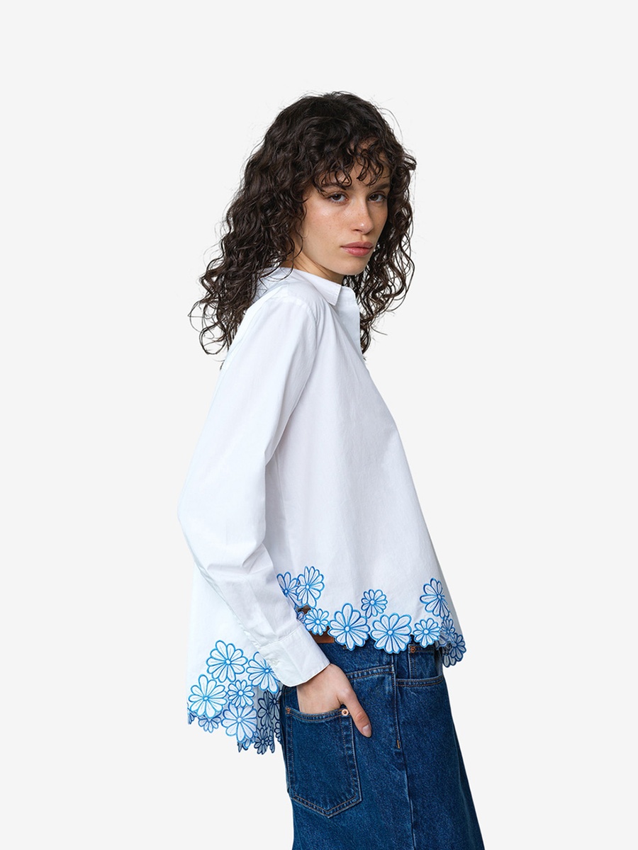 White Cambria Cotton Floral Hem Shirt