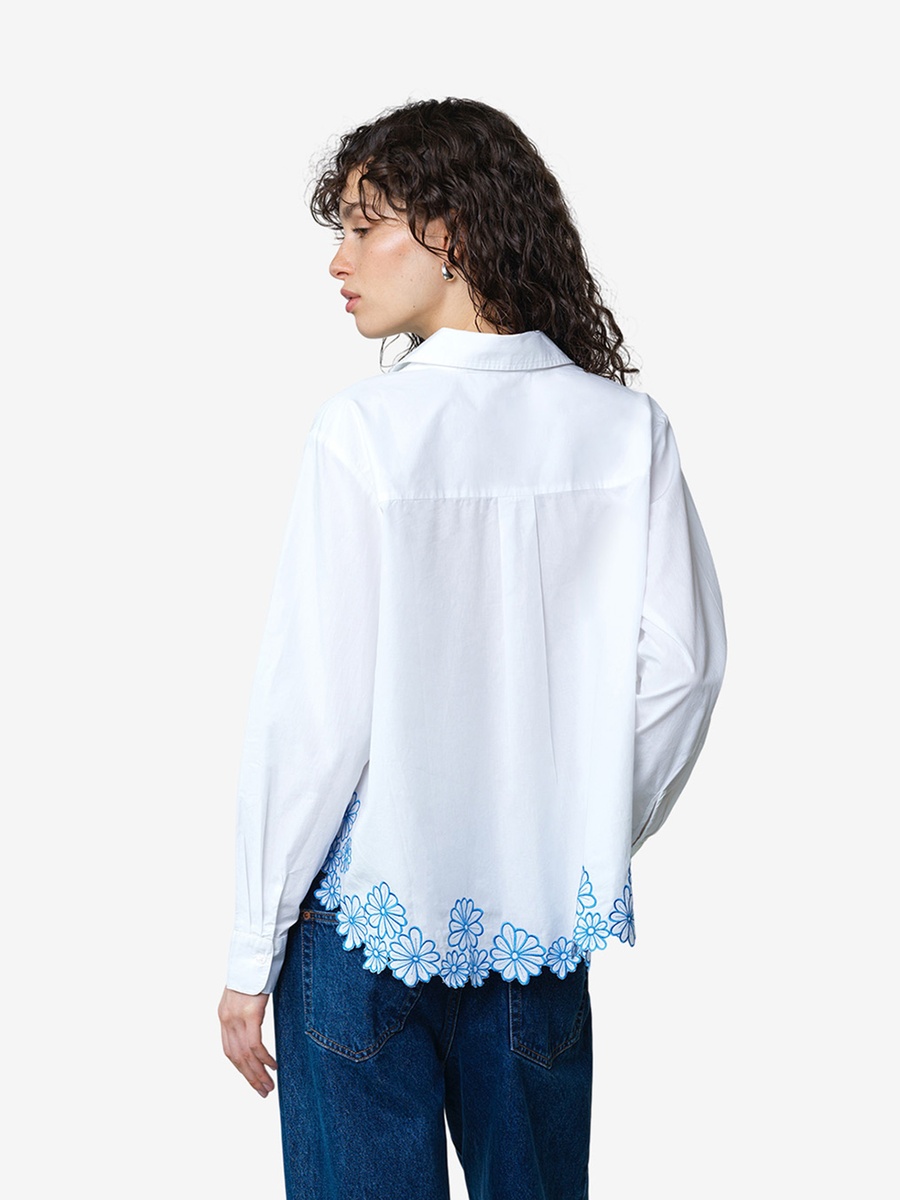 White Cambria Cotton Floral Hem Shirt