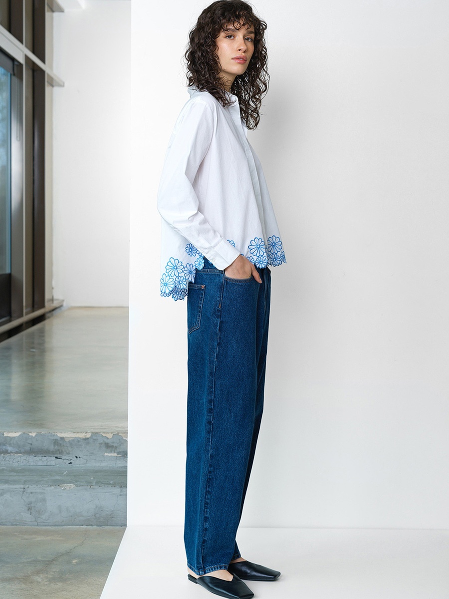 White Cambria Cotton Floral Hem Shirt