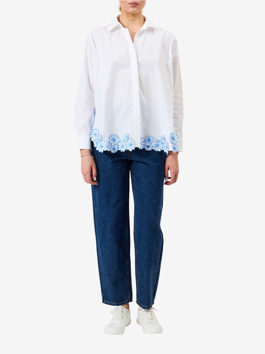 White Cambria Cotton Floral Hem Shirt