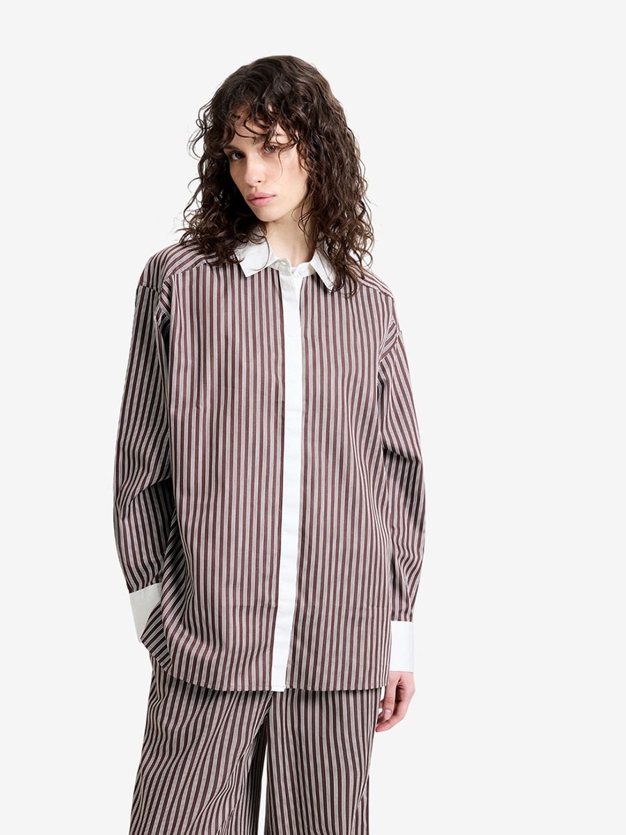 Alexis Poplin Brown Striped Button Down Relaxed Shirt