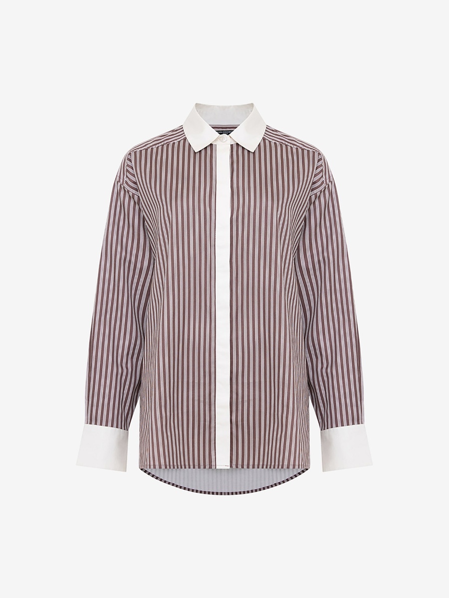 Alexis Poplin Brown Striped Button Down Relaxed Shirt