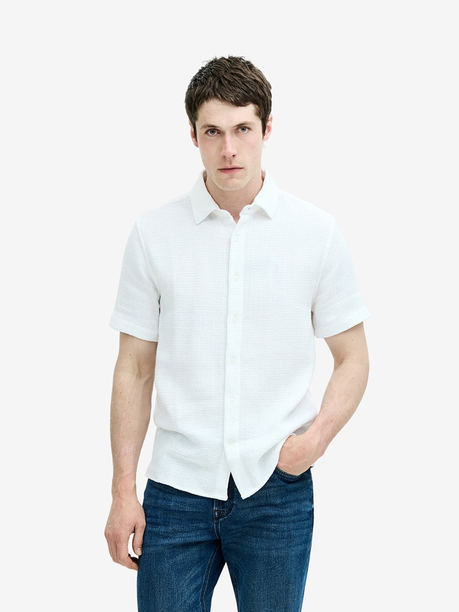 Men White Short Sleeve Open Weave Shirt