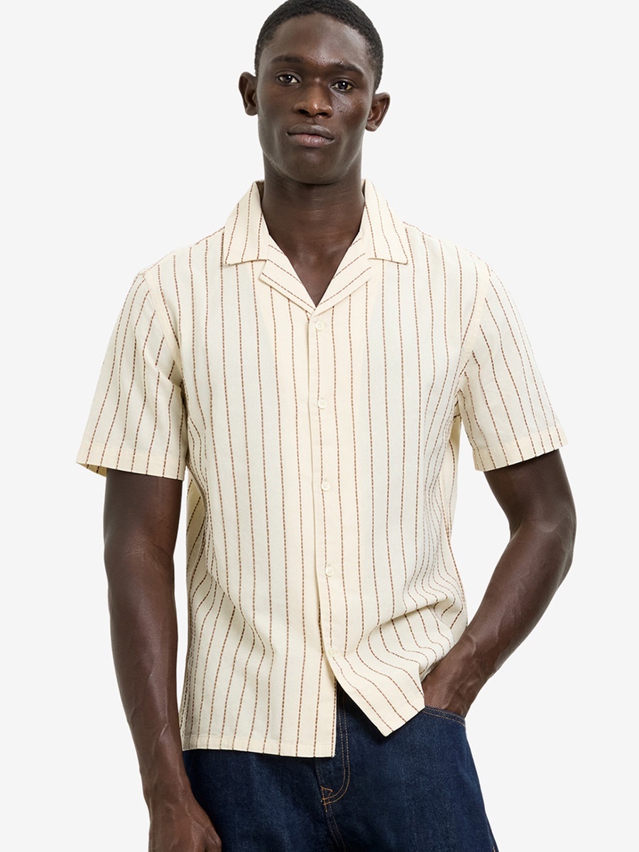 Men Bone White Short Sleeve Contrast Stitch Stripe Shirt