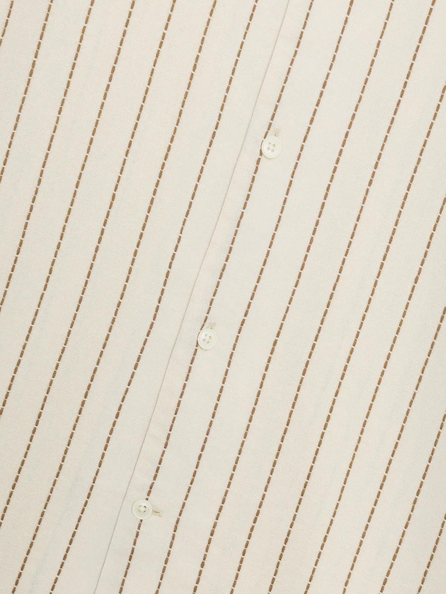 Men Bone White Short Sleeve Contrast Stitch Stripe Shirt