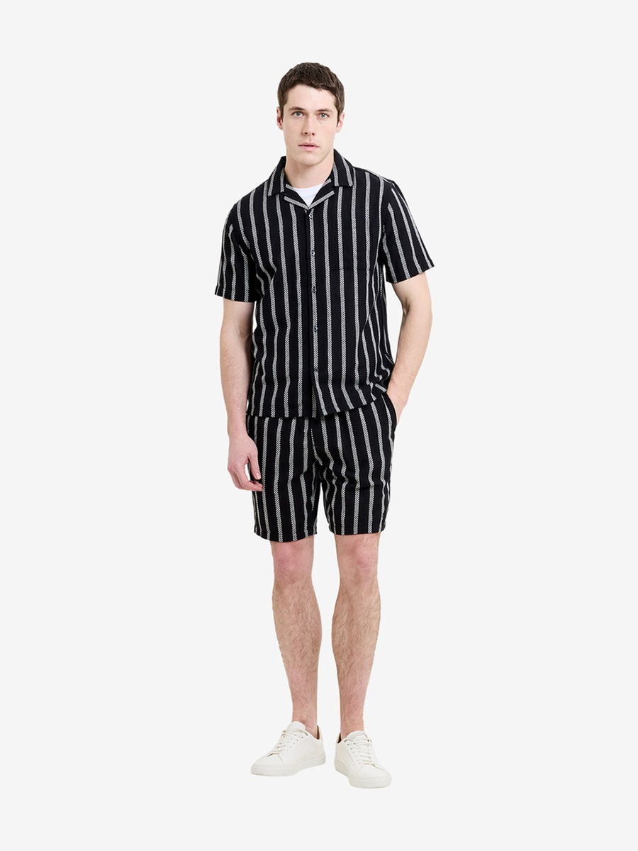 Men Black Short Sleeve Stripe Combo Holiday Shirt