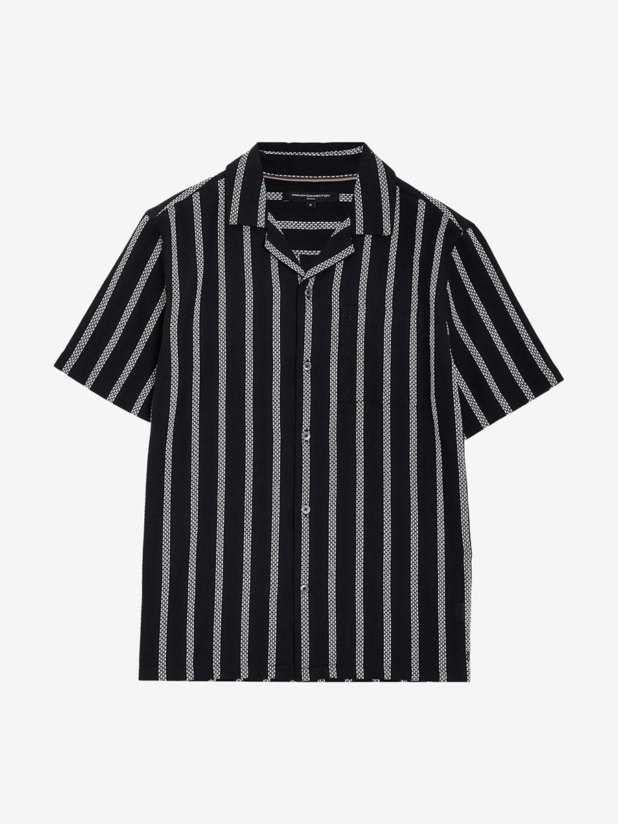 Men Black Short Sleeve Stripe Combo Holiday Shirt