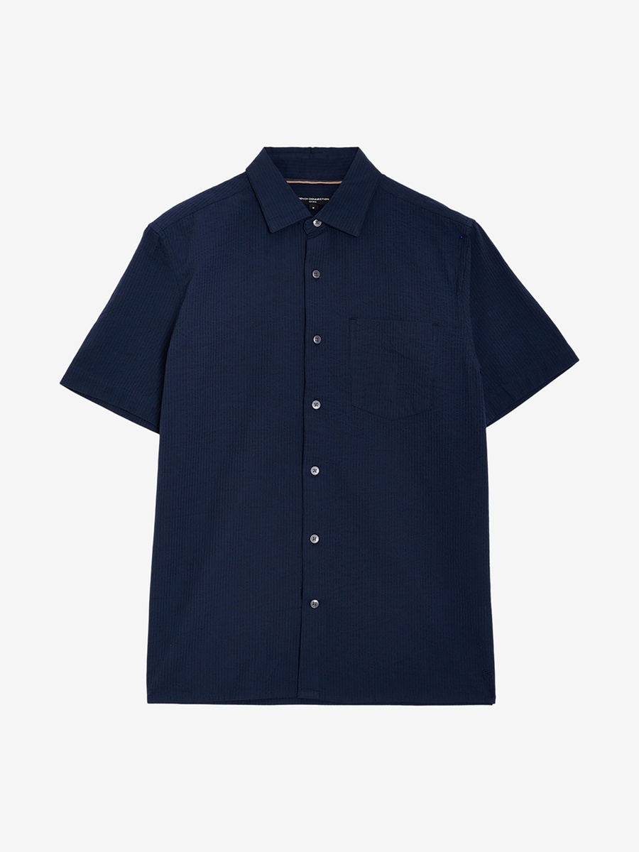 Men Dark Blue Short Sleeve Seersucker Shirt