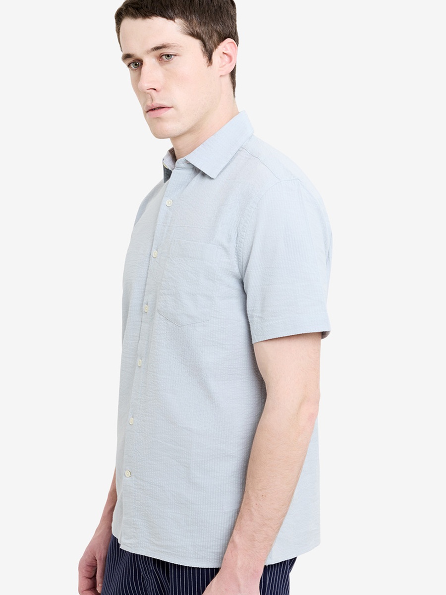 Men Dark Blue Short Sleeve Seersucker Shirt